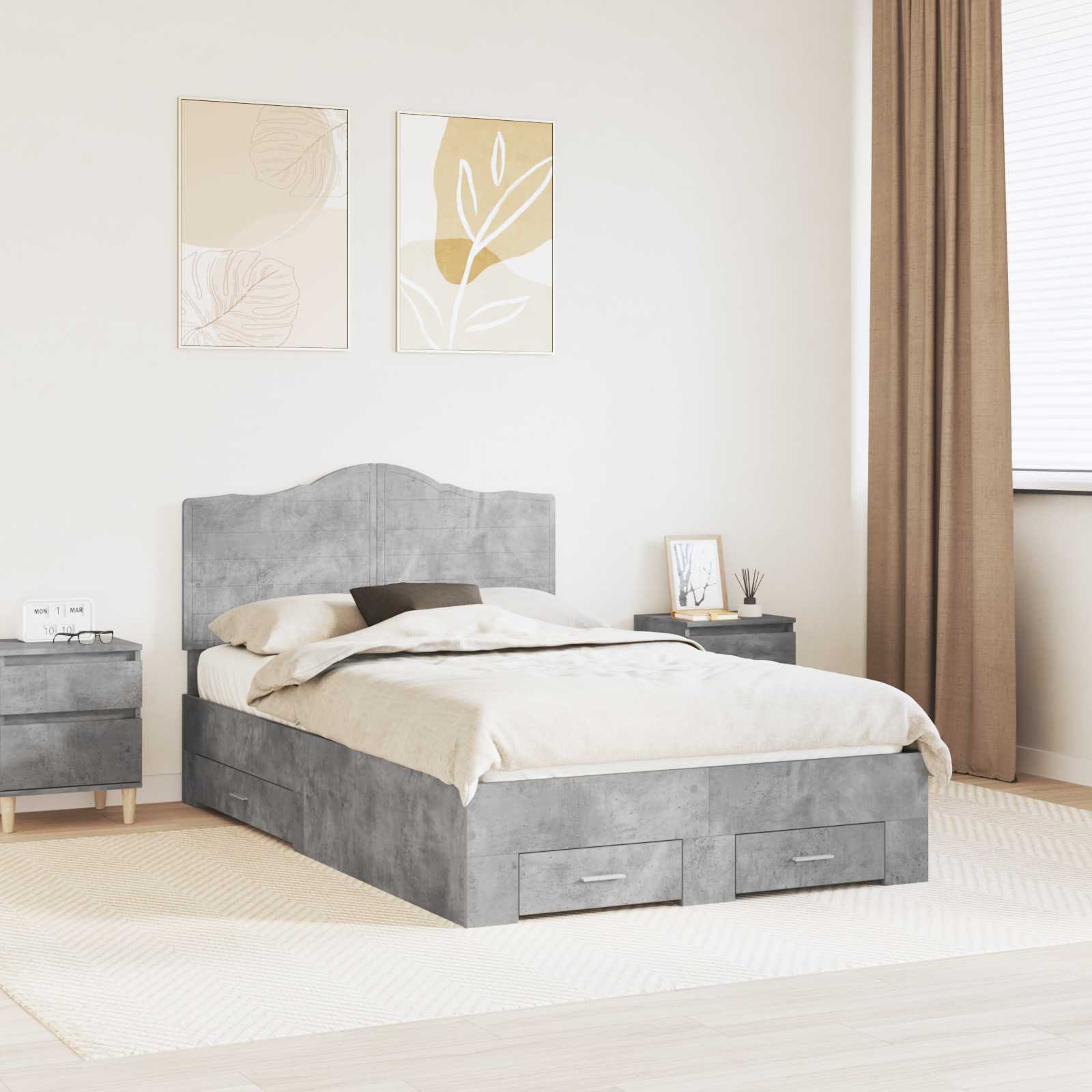 Bettrahmen mit Schubladen Beton Grau 135 x 190 cm Holzwerkstoff