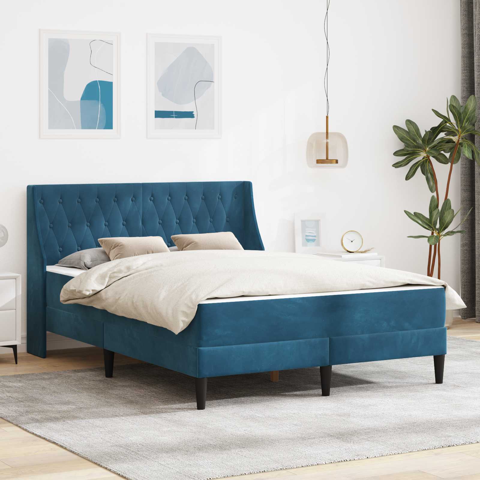 Bettgestell mit Matratze mit Matratze Blau 140 x 200 cm Samt