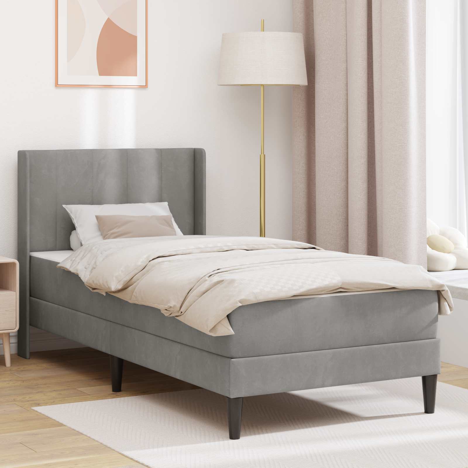 Bettgestell mit Matratze mit Kopfteil Hellgrau 90 x 200 cm Samt