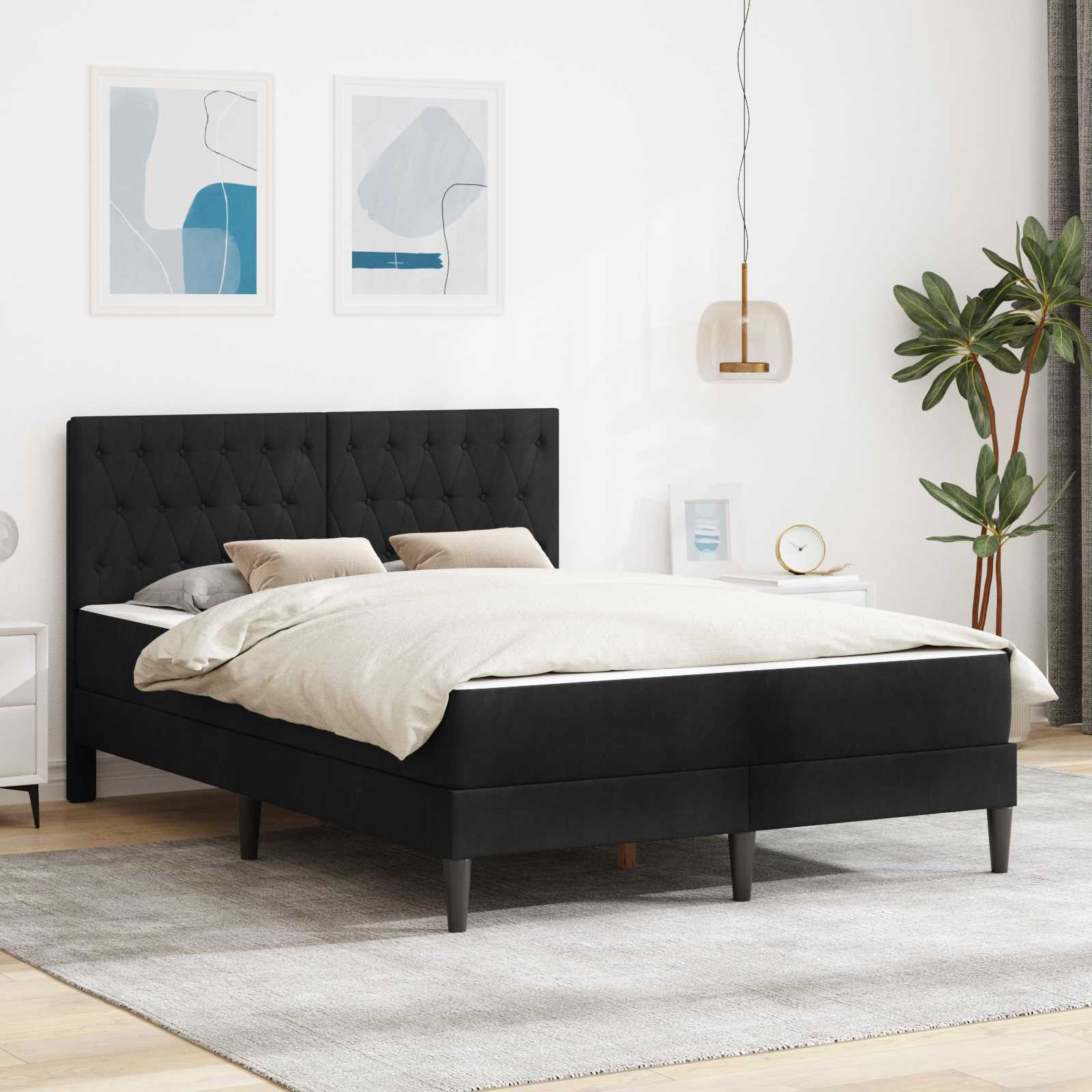 Bettgestell mit Matratze mit Kopfteil Schwarz 140 x 190 cm Samt