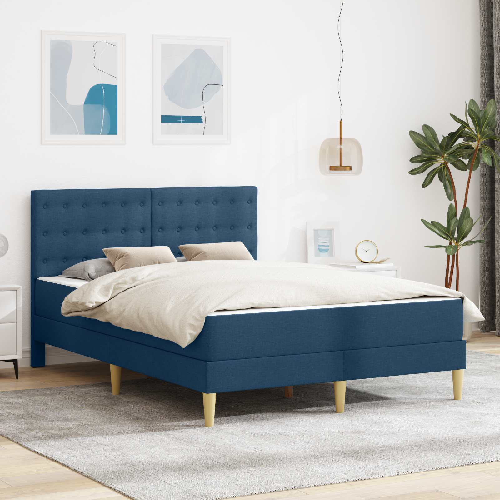Bettgestell mit Matratze mit Kopfteil Blau 140 x 200 cm Stoff