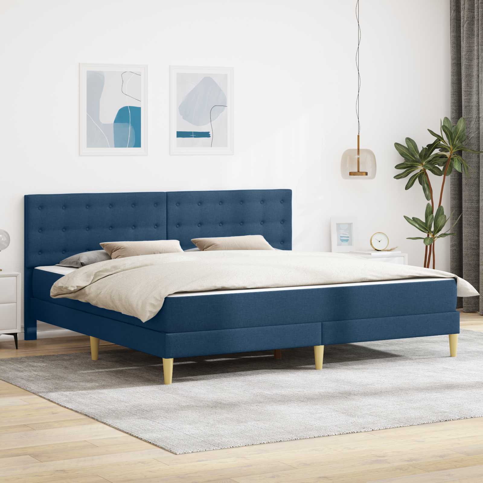 Bettgestell mit Matratze mit Kopfteil Blau 200 x 200 cm Stoff