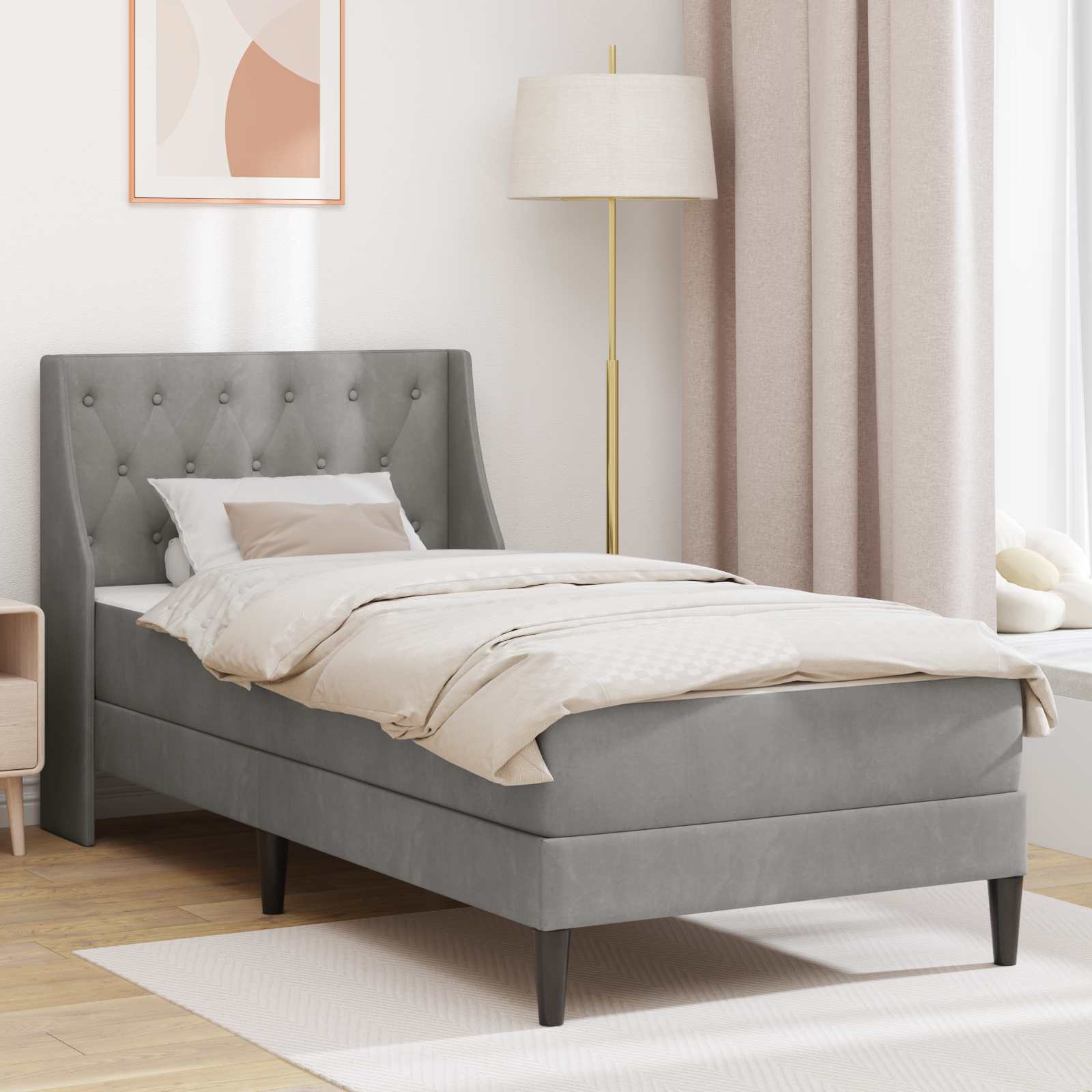 Bettgestell mit Matratze mit Kopfteil Hellgrau 90 x 190 cm Samt