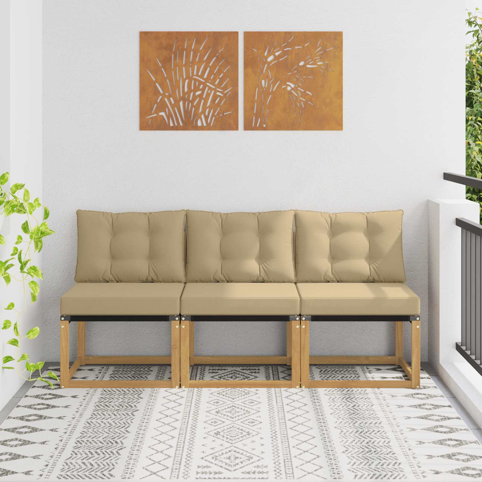 3 stk. Outdoor Mittelsofa Massivholz Akazie und Textilene Stoff