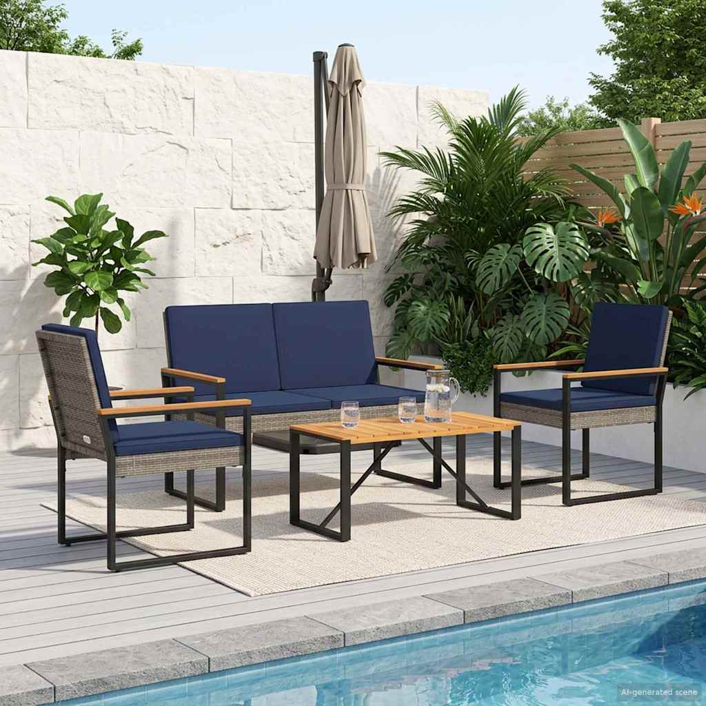 Gartenmöbel Set 4 stk. Grau und Marineblau Poly-Rattan