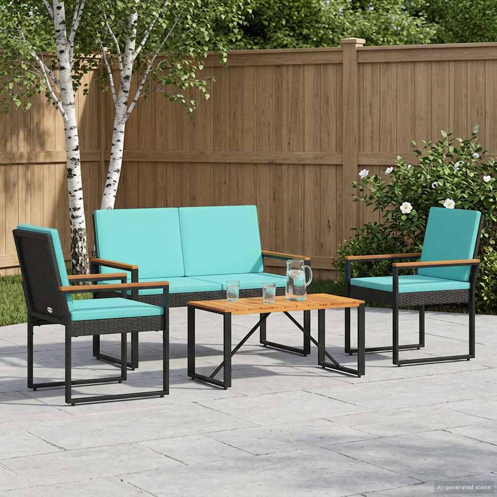 Gartenmöbel Set 4 stk. Schwarz und Türkis Poly-Rattan