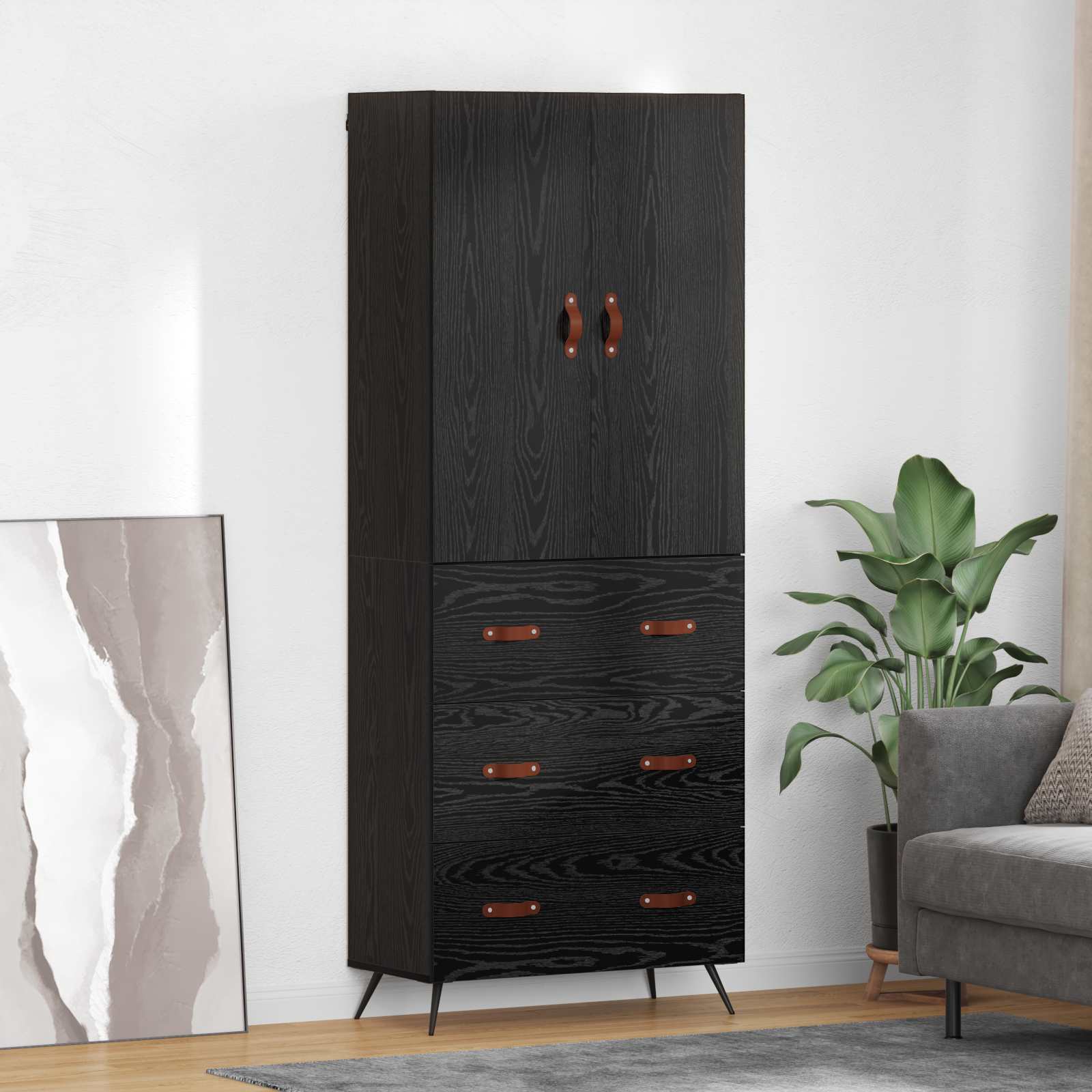 Highboard Schwarz Eichen-Optik 69,5 x 34 x 180 cm Holzwerkstoff
