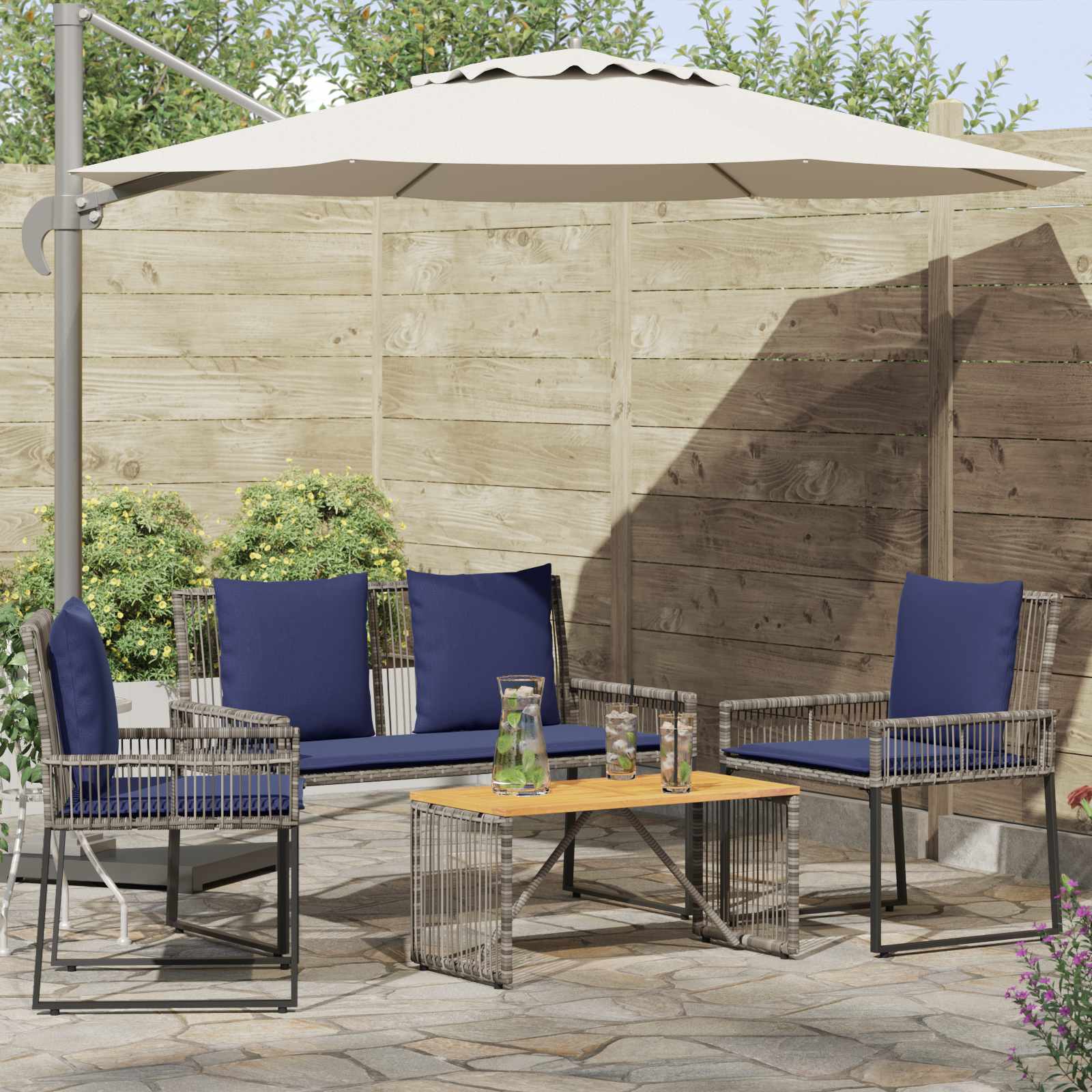 Gartenmöbel Set 9 stk. Grau und Marineblau Poly-Rattan