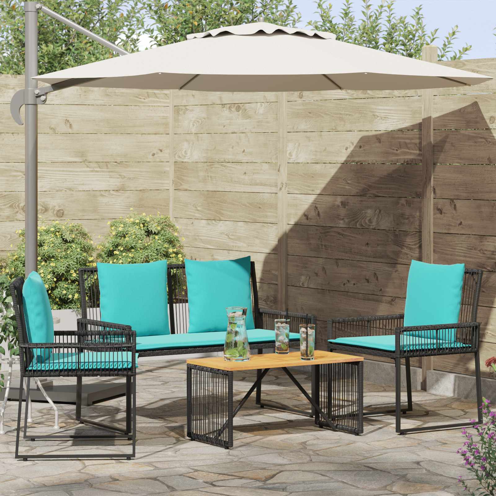 Gartenmöbel Set 9 stk. Schwarz und Türkis Poly-Rattan