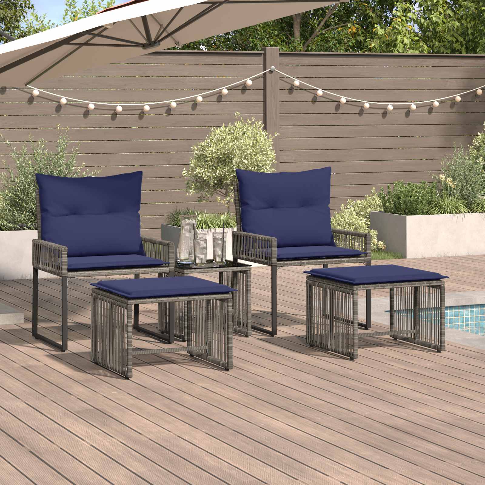Gartenmöbel Set 11 stk. Grau und Marineblau Poly-Rattan