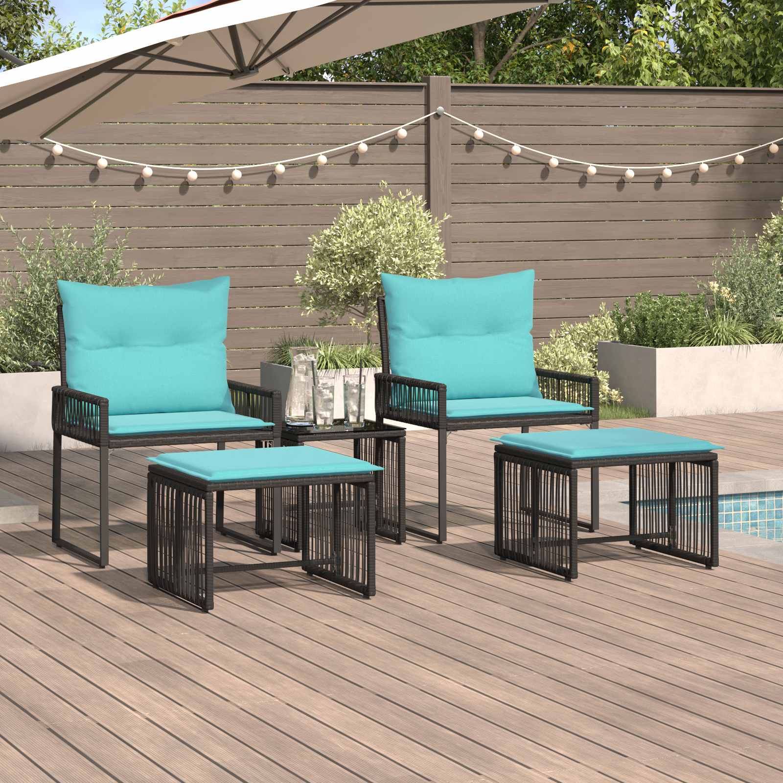 Gartenmöbel Set 11 stk. Schwarz und Türkis Poly-Rattan