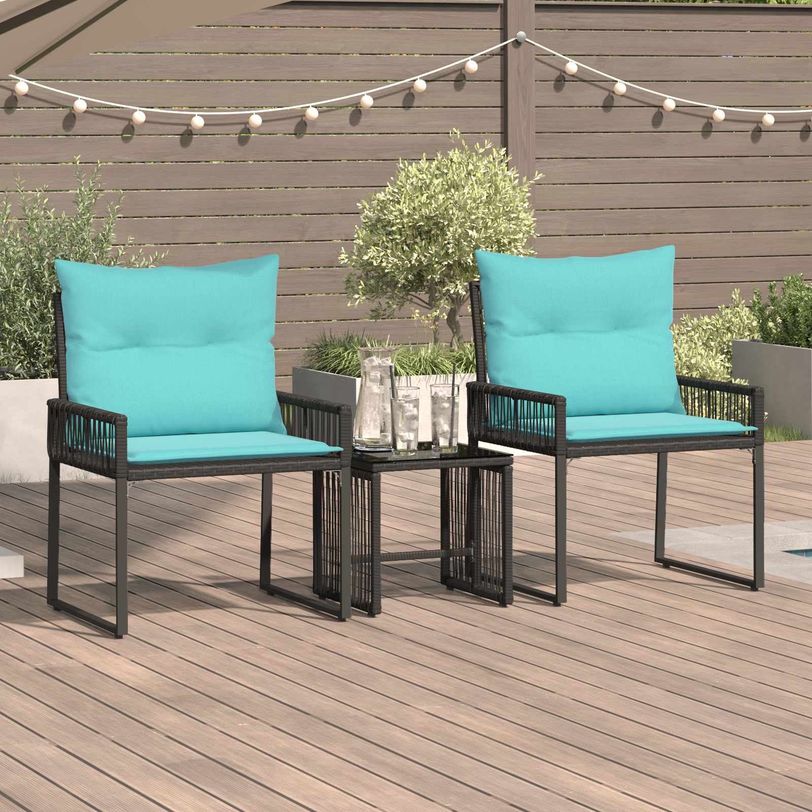 Gartenmöbel Set 7 stk. Schwarz und Türkis Poly-Rattan