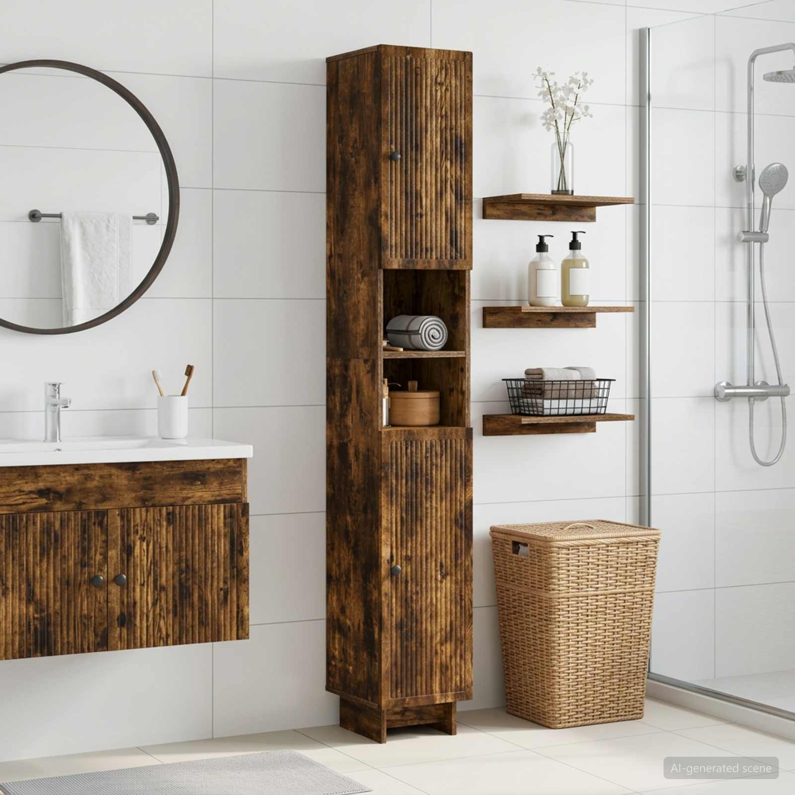 Badezimmerschrank mit offenem Regal EDE Raucheiche