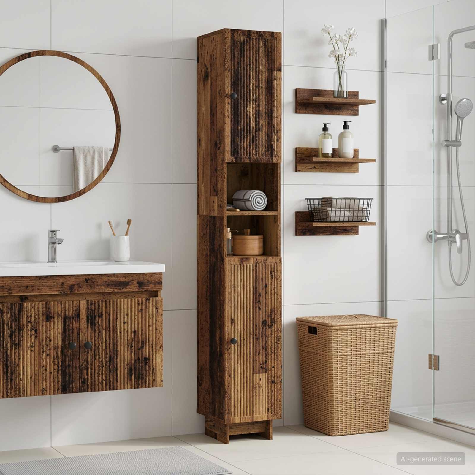 Badezimmerschrank mit offenem Regal EDE Altholz