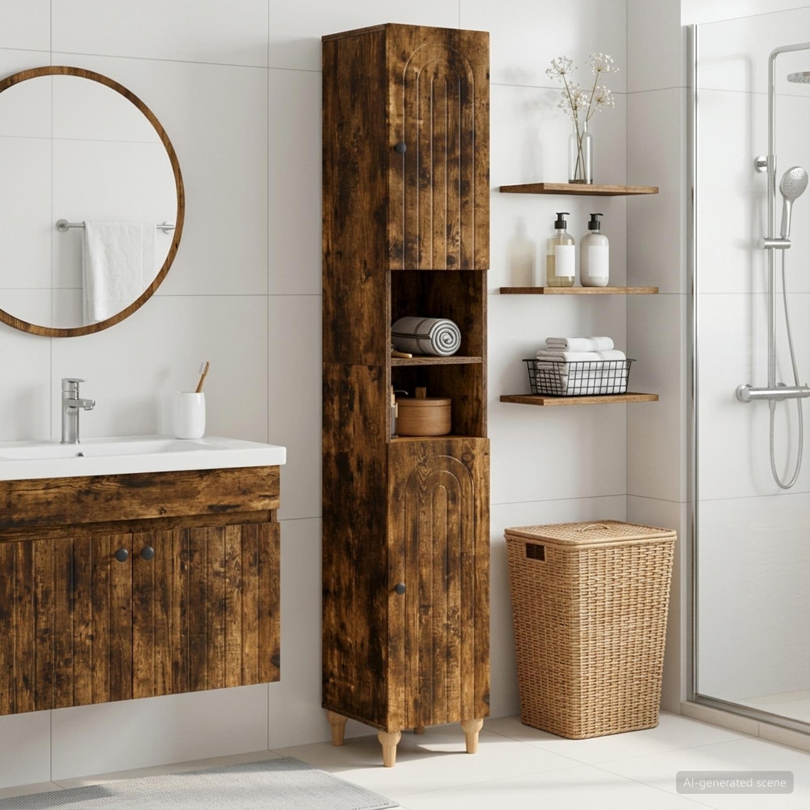 Badezimmerschrank mit offenem Regal ALKMAAR Raucheiche
