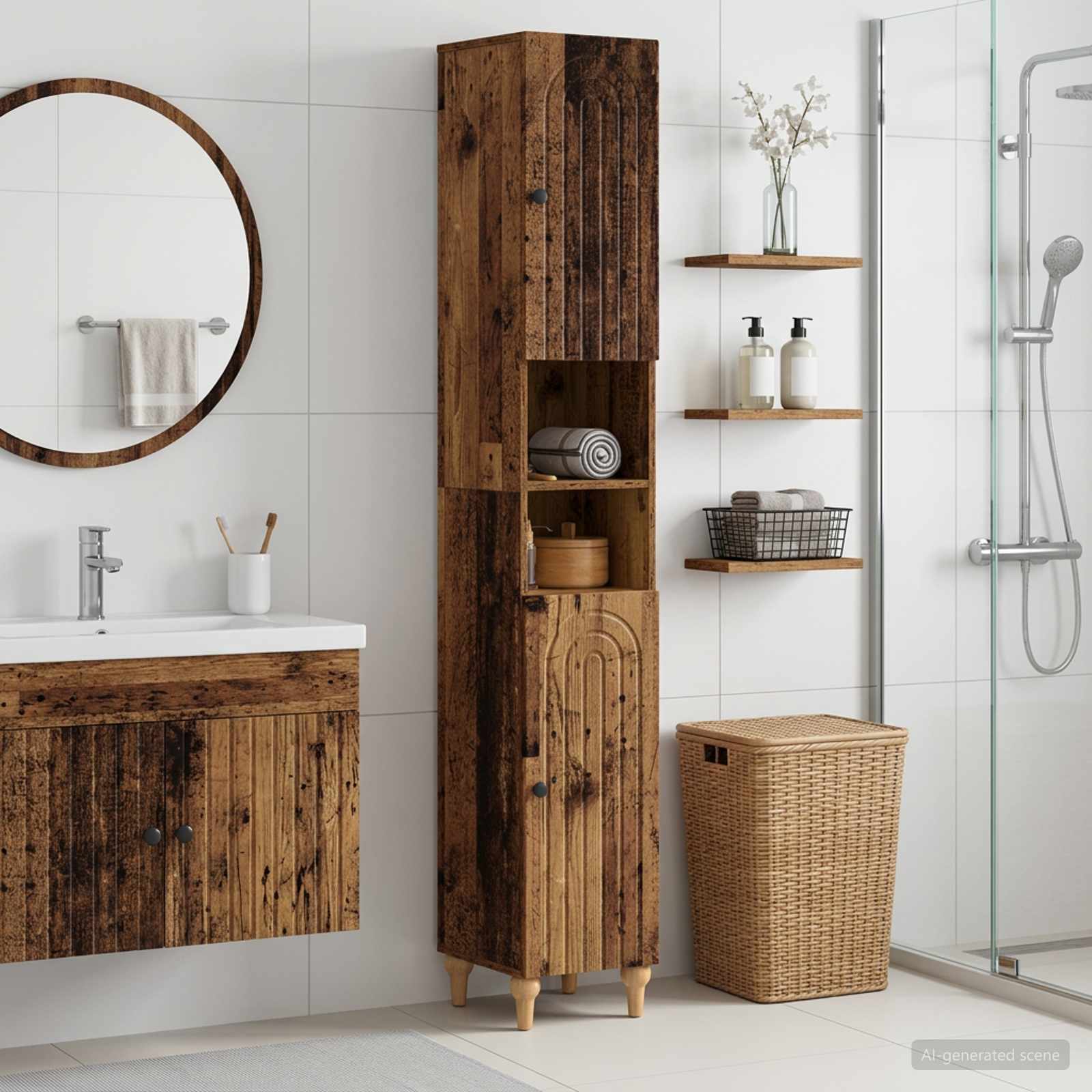 Badezimmerschrank mit offenem Regal ALKMAAR Altholz