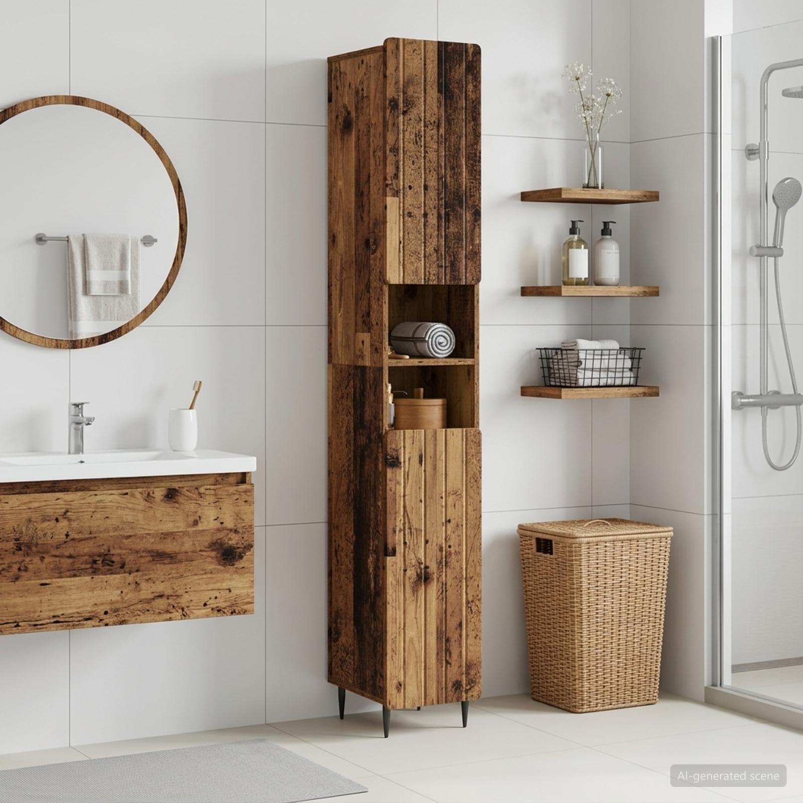 Badezimmerschrank mit offenem Regal ZWOLLE Altholz