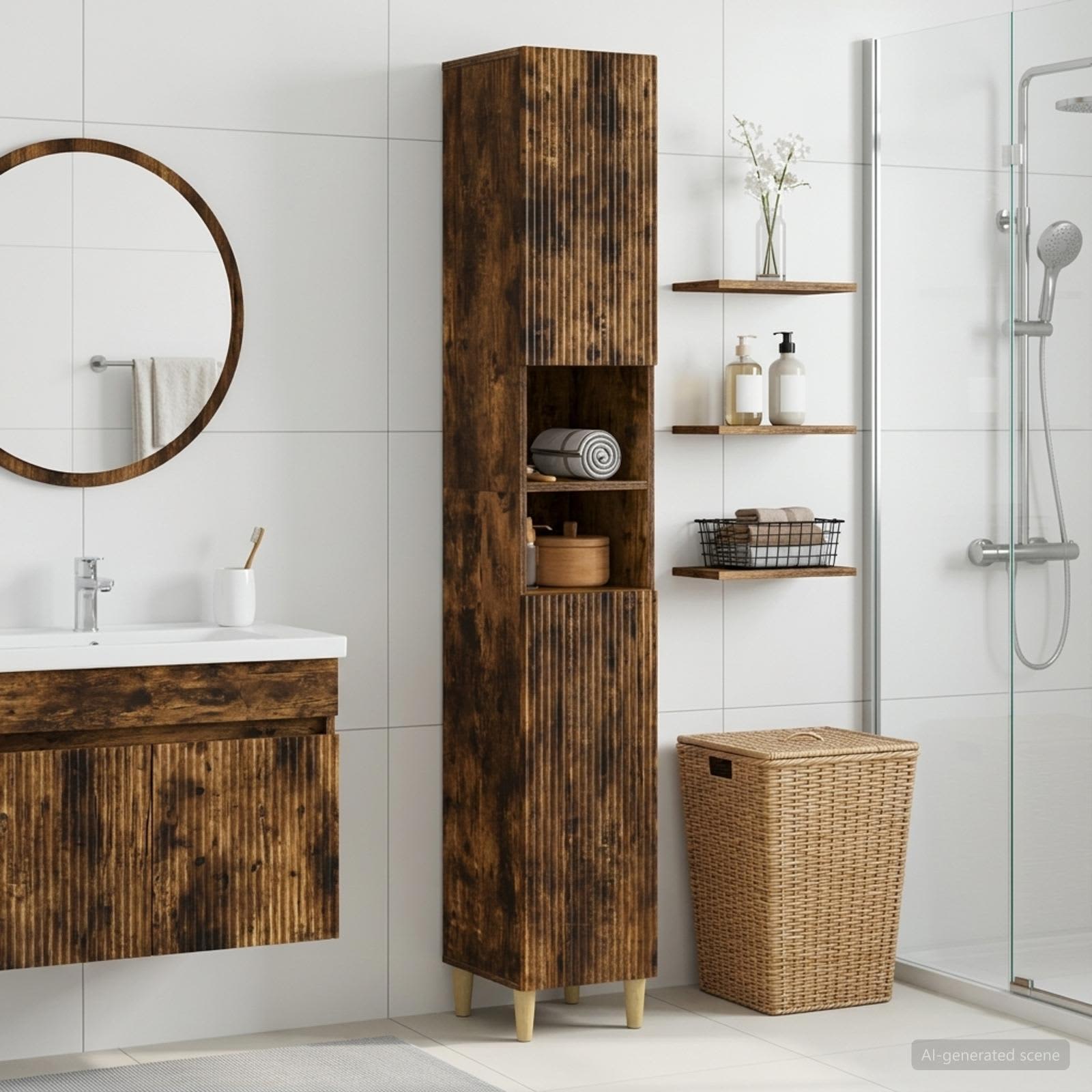 Badezimmerschrank mit offenem Regal ARNHEM Raucheiche