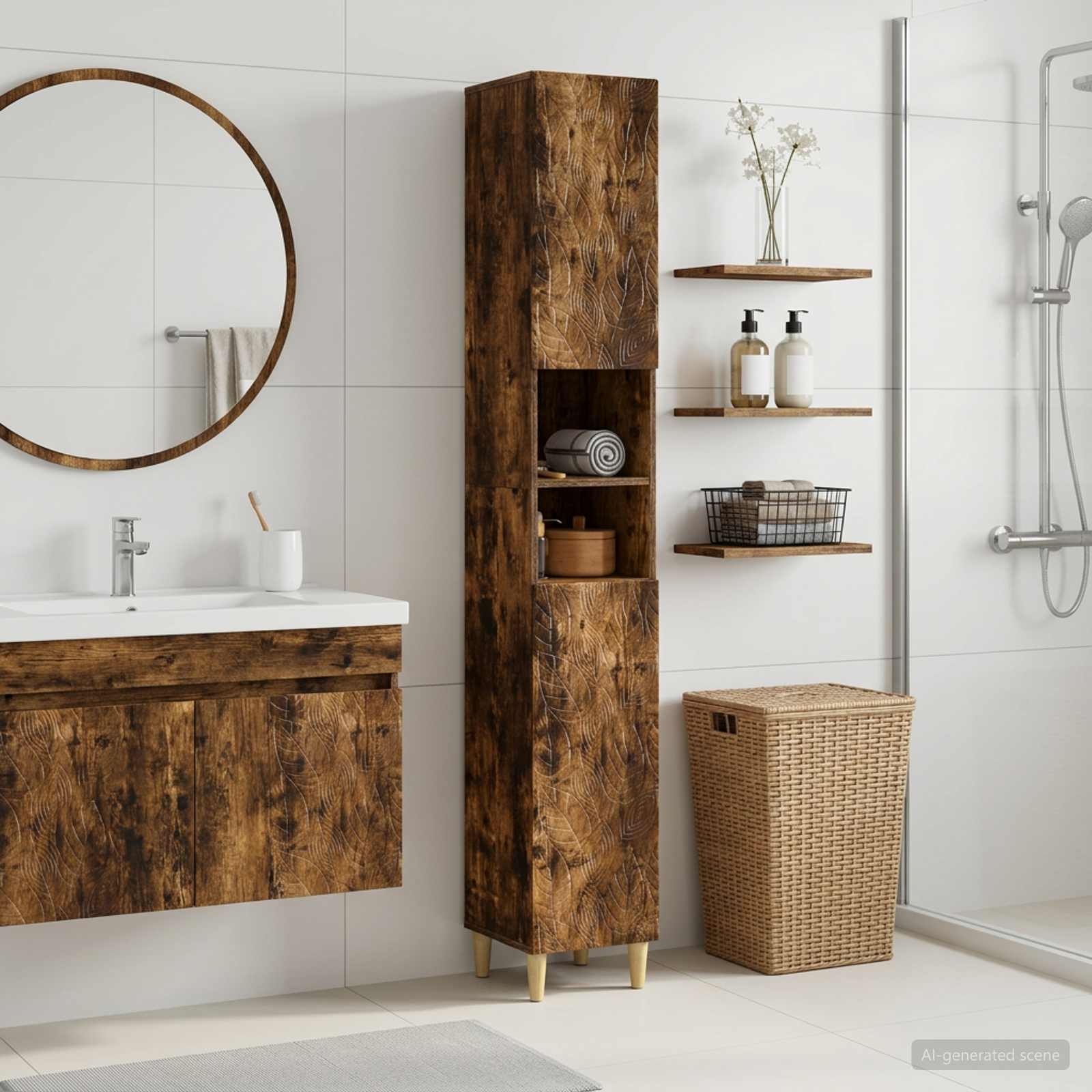 Badezimmerschrank mit offenem Regal DELFT Raucheiche