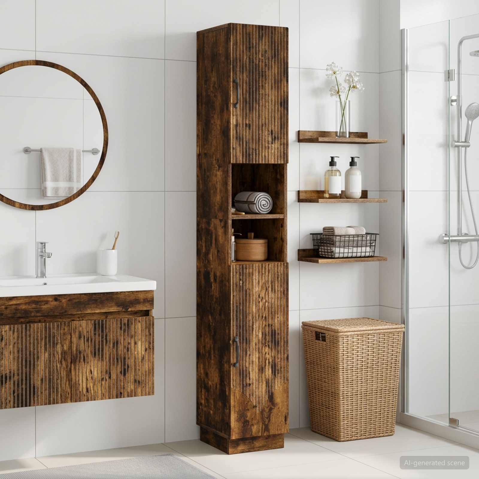 Badezimmerschrank mit offenem Regal HOORN Raucheiche