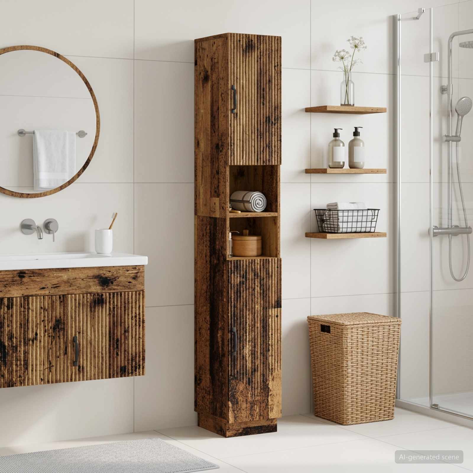 Badezimmerschrank mit offenem Regal HOORN Altholz