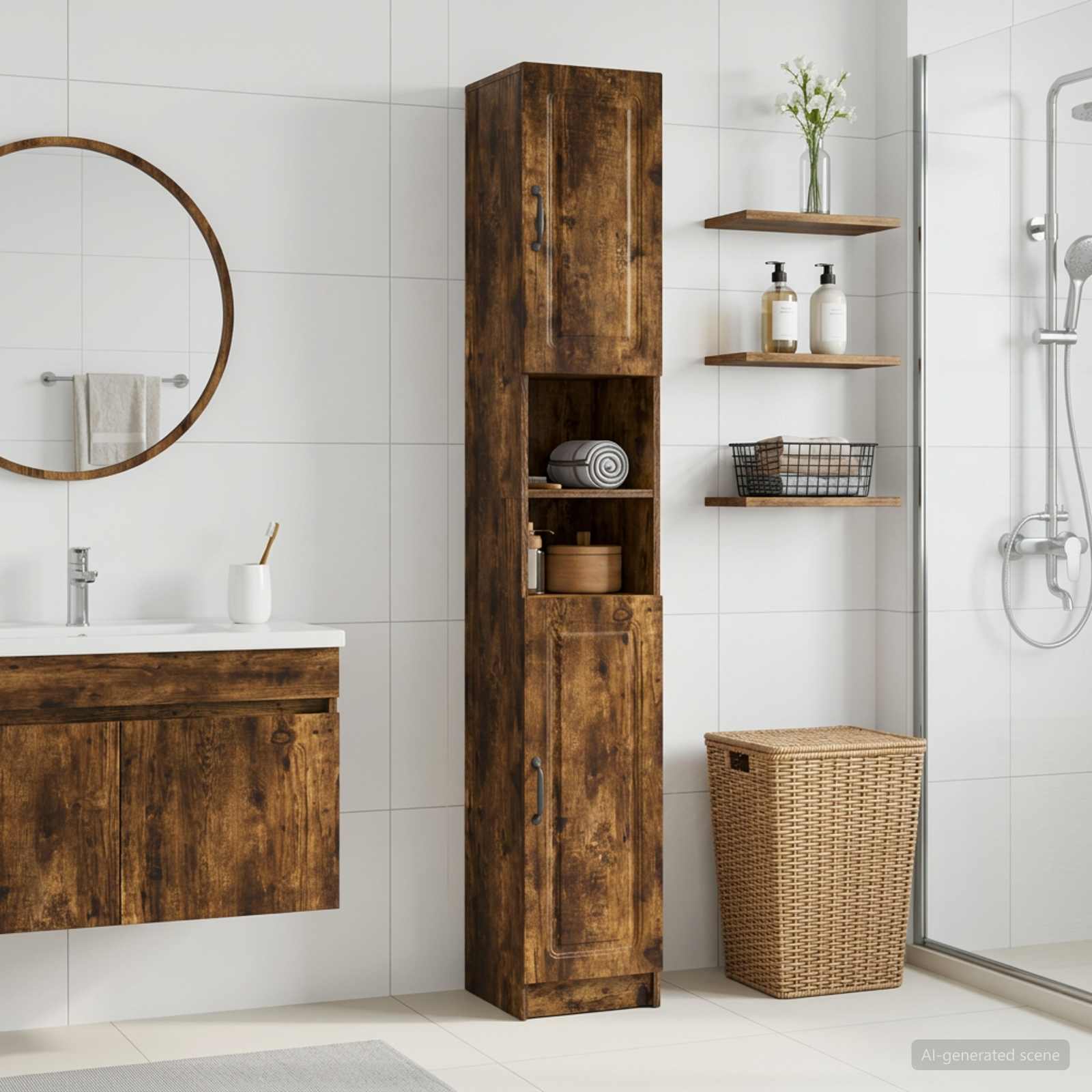 Badezimmerschrank mit offenem Regal UTRECHT Raucheiche