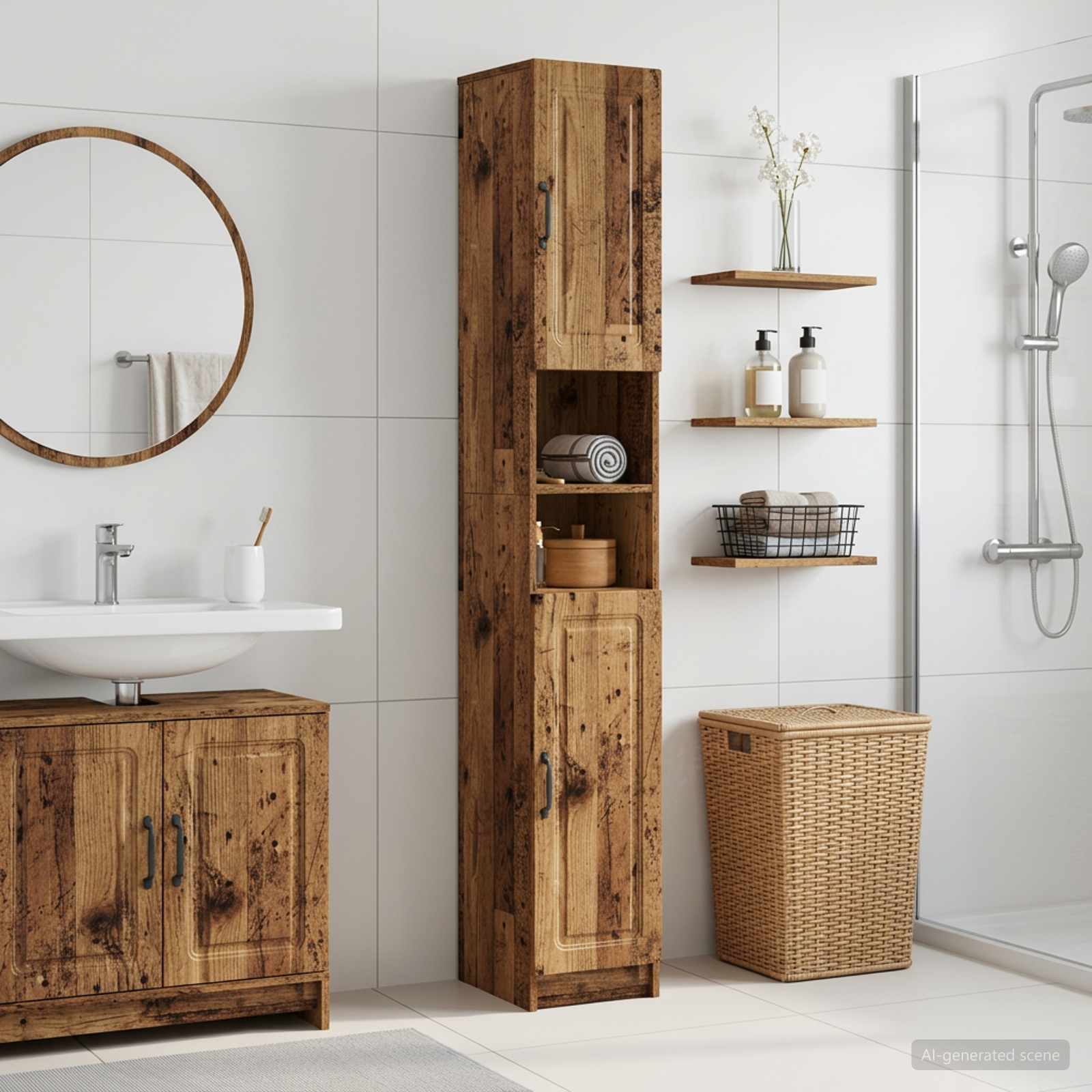 Badezimmerschrank mit offenem Regal UTRECHT Altholz