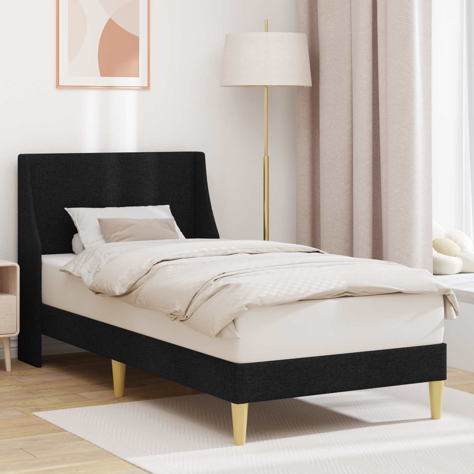 Bettrahmen Uni mit Kopfteil Schwarz 100 x 200 cm Stoff