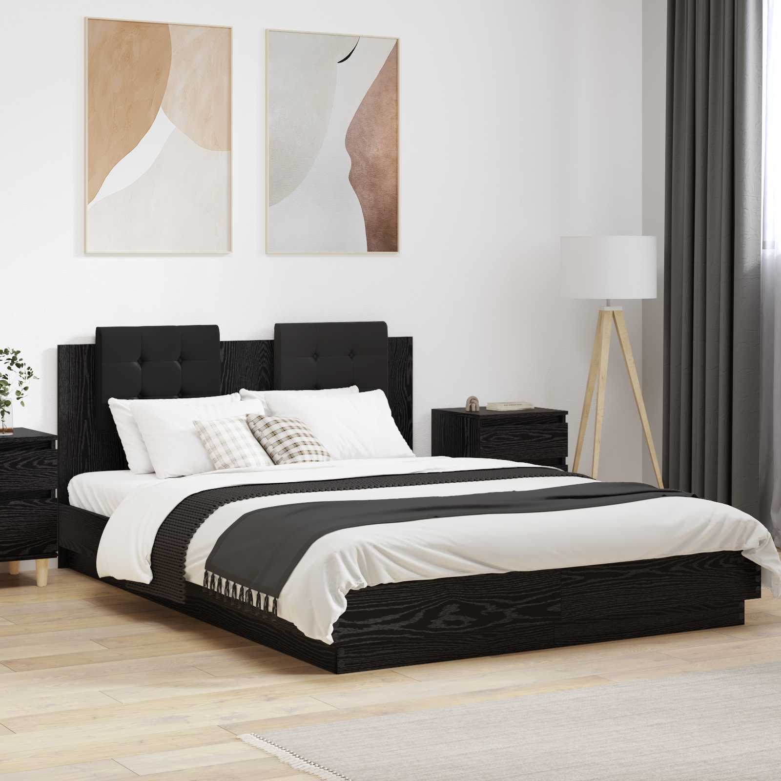 Bettgestell mit Kopfteil Schwarz Eichen-Optik 140 x 200 cm