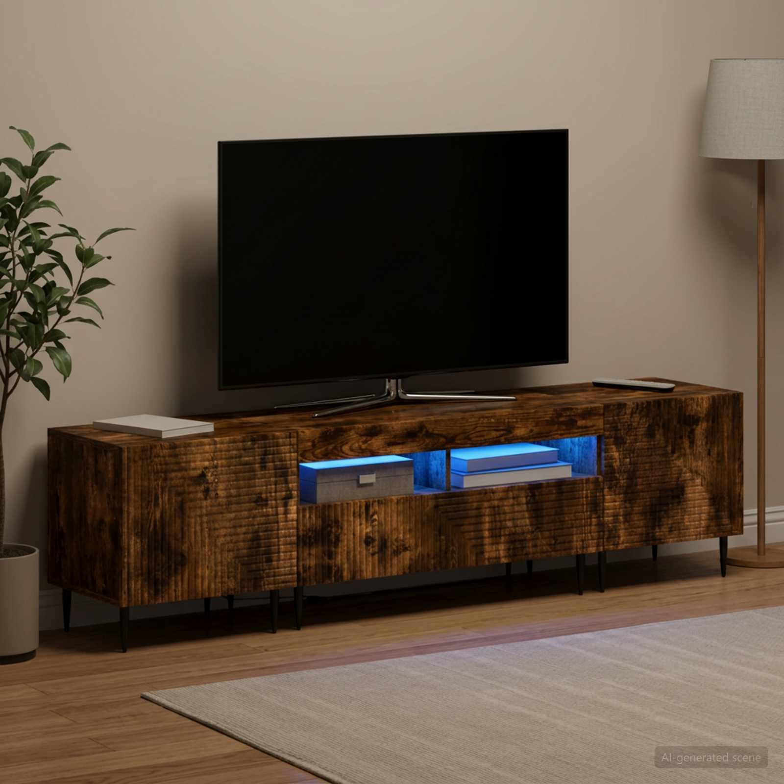 3-teiliges LED TV Regal Raucheiche Holzwerkstoff