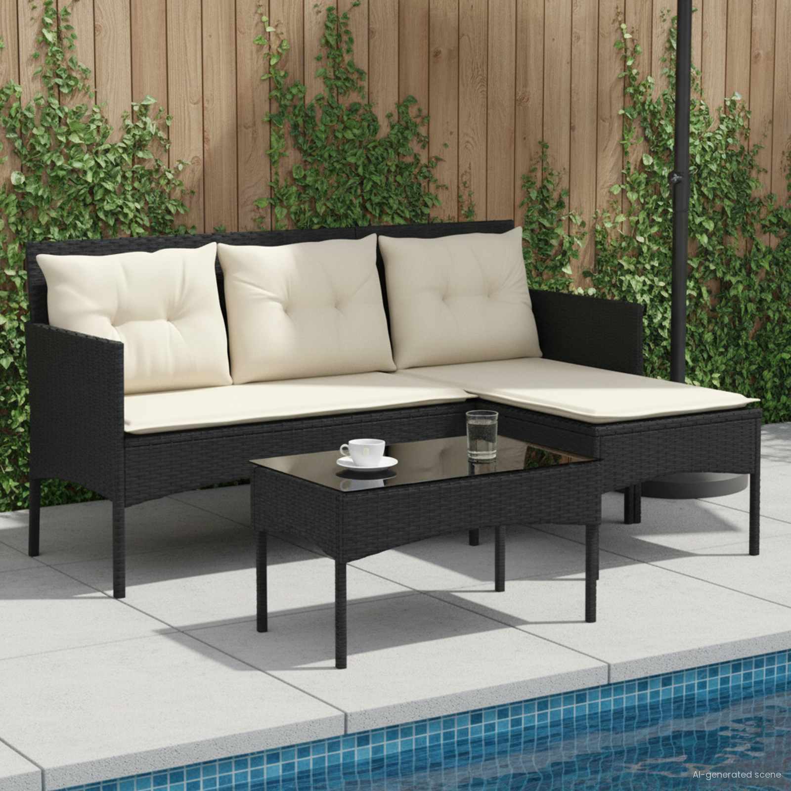 Gartensofa-set 2 stk. Schwarz und Creme Poly-Rattan