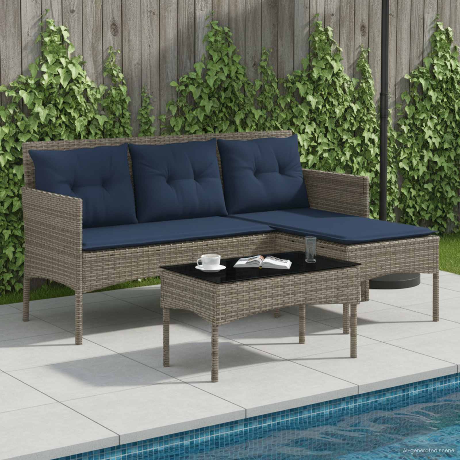 Gartensofa-set 2 stk. Grau und Marineblau Poly-Rattan