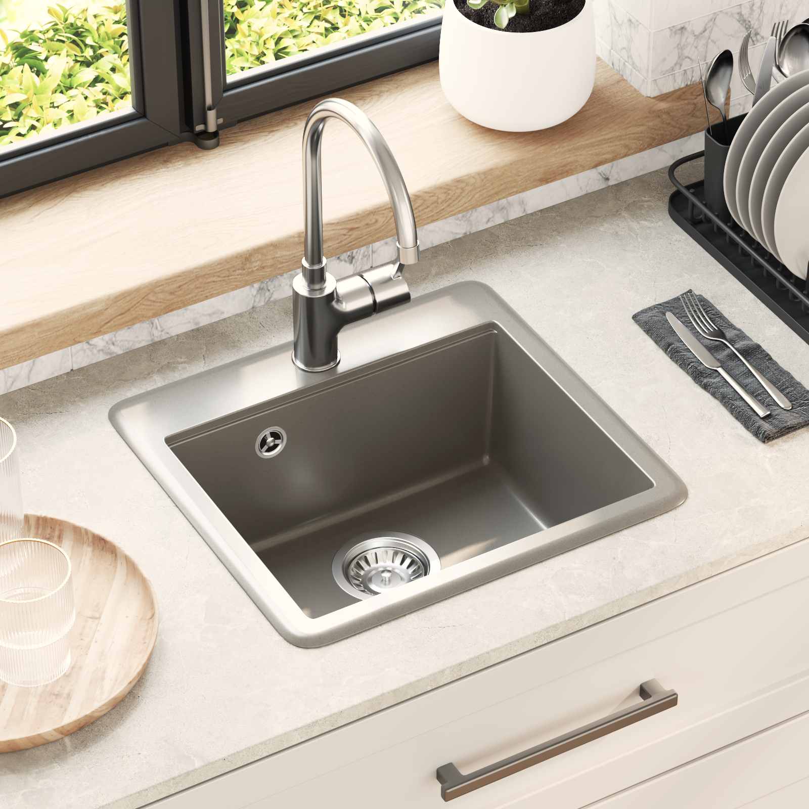 Waschbecken 80% Quarz und 20% Harz 470 x 440 mm Grau