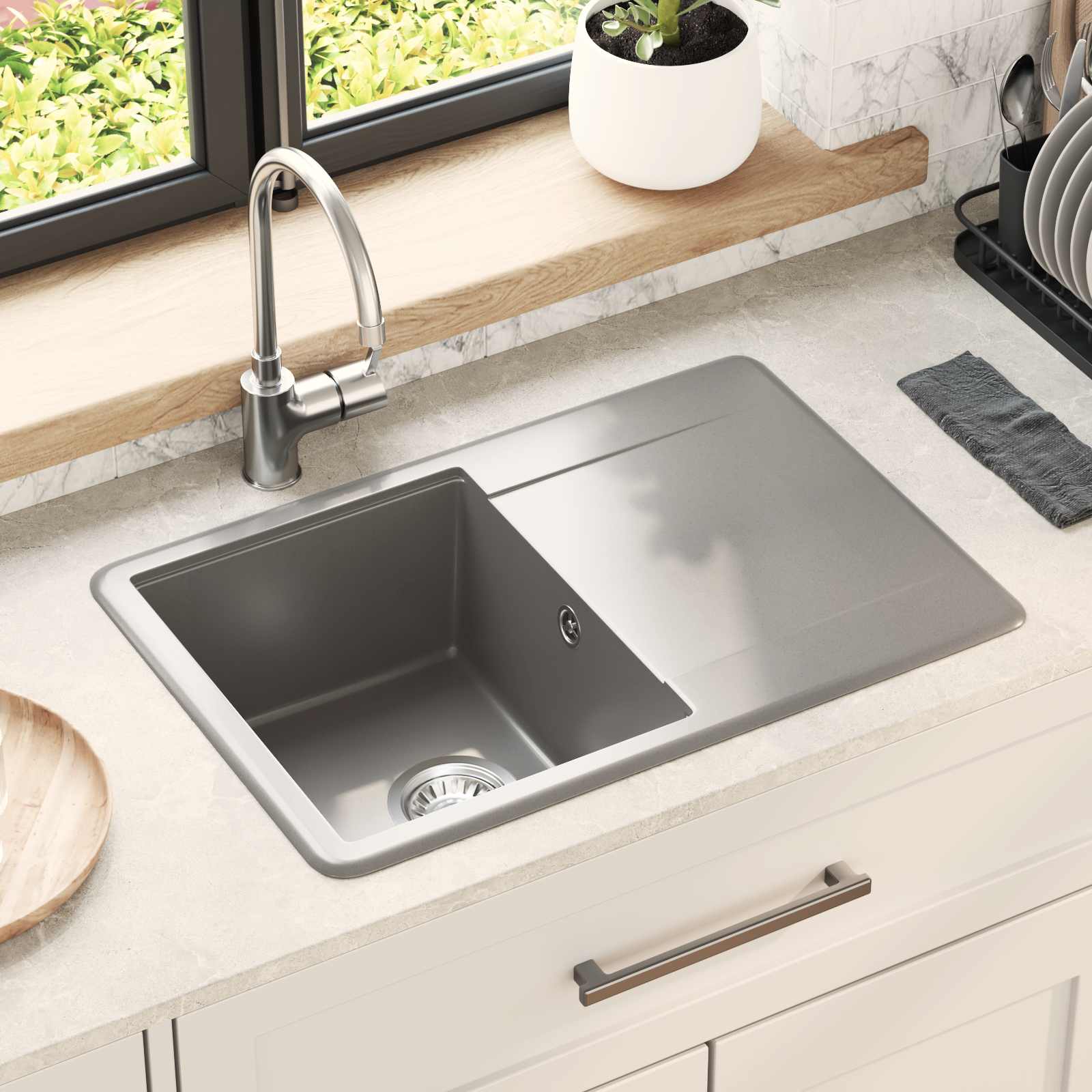 Waschbecken 80% Quarz und 20% Harz 670 x 460 mm Grau
