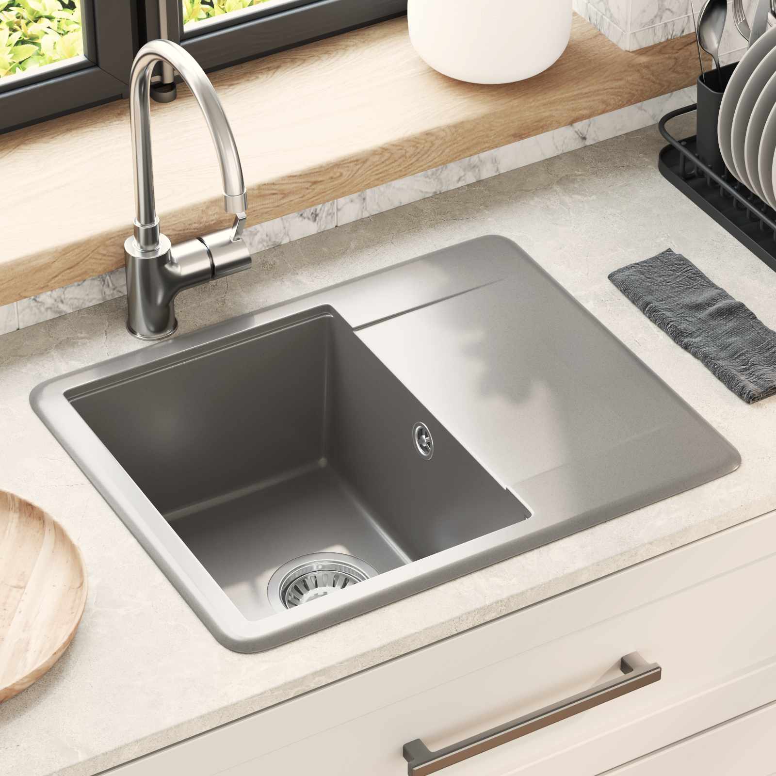 Waschbecken 80% Quarz und 20% Harz 560 x 460 mm Grau