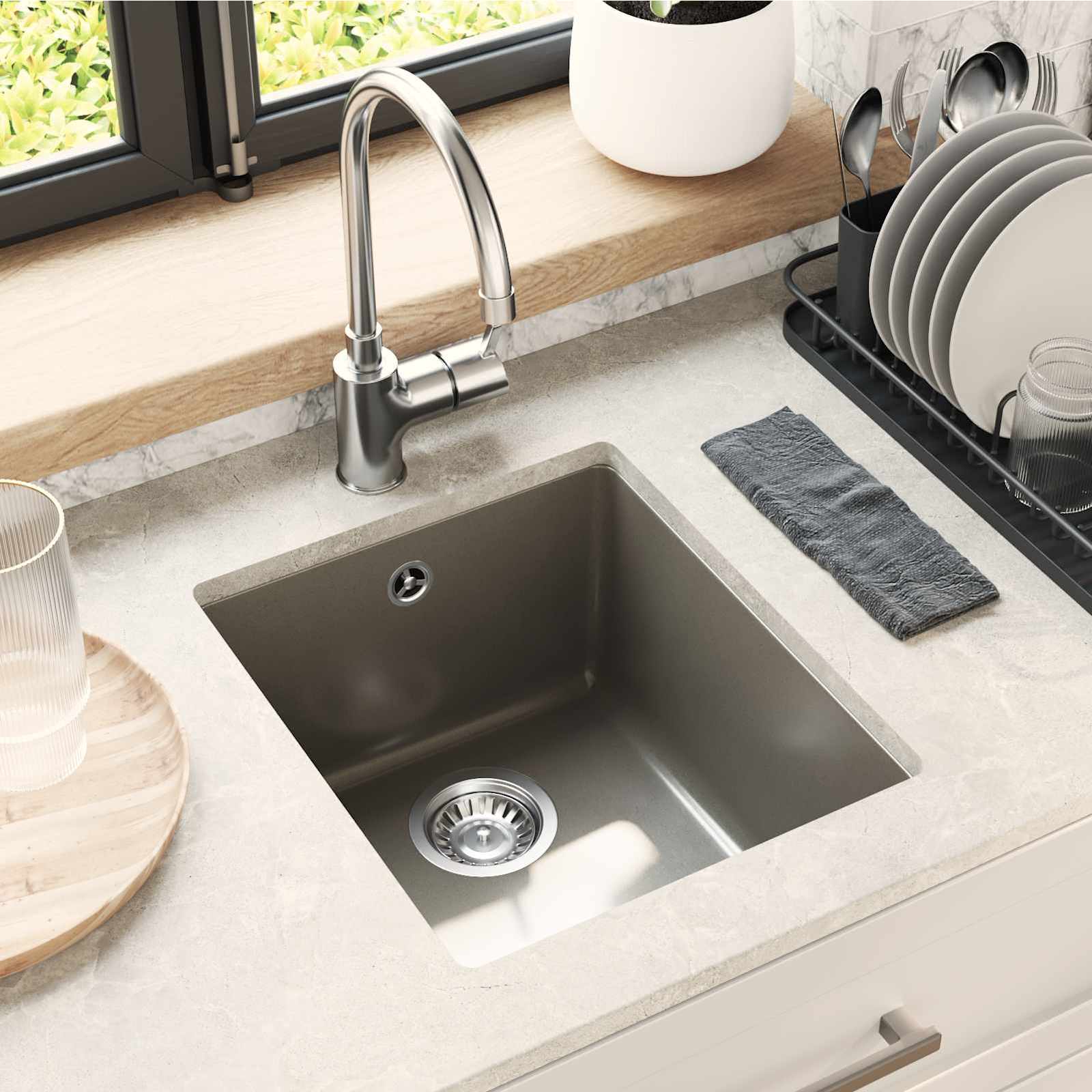 Waschbecken 80% Quarz und 20% Harz 370 x 460 mm Grau