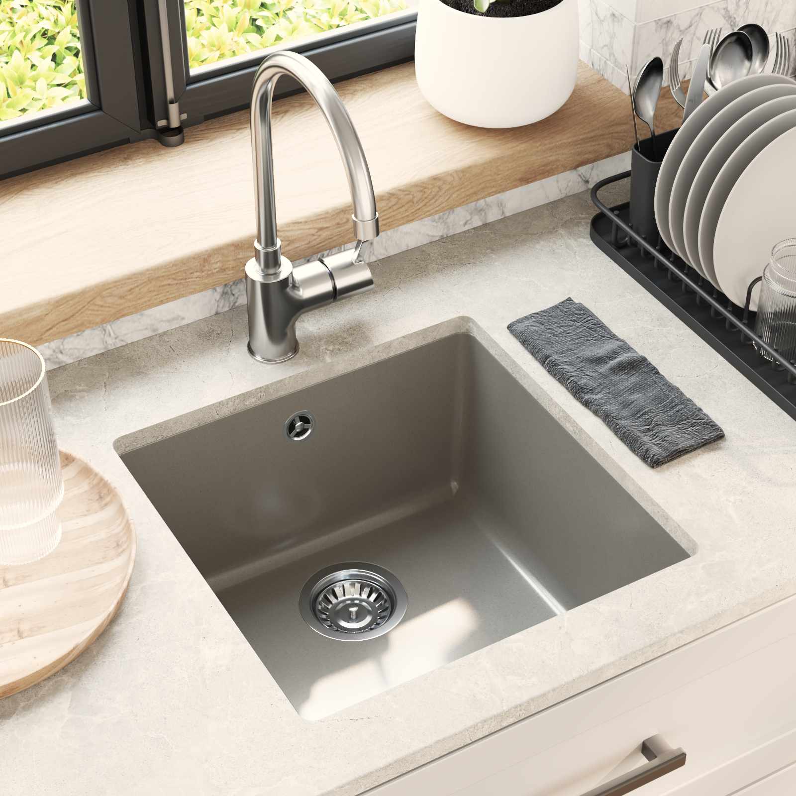 Waschbecken 80% Quarz und 20% Harz 430 x 460 mm Grau