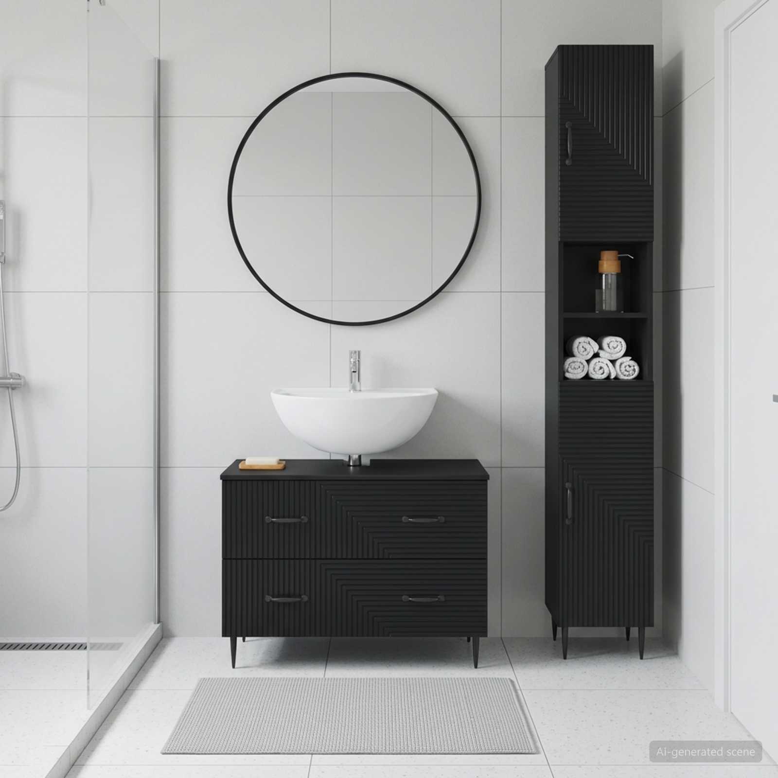 2-teiliges Badezimmer Schrank Set HAARLEM Schwarz Holzwerkstoff