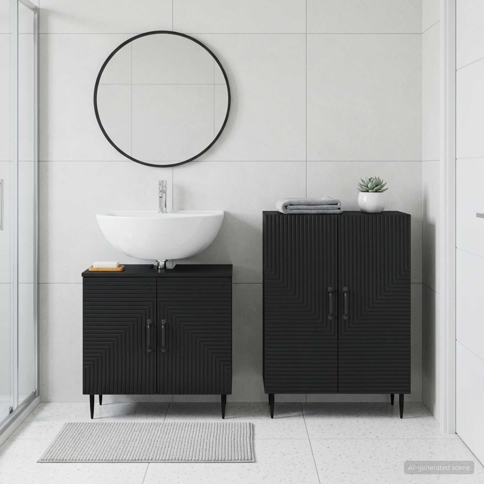 2-teiliges Badezimmer Schrank Set HAARLEM Schwarz Holzwerkstoff