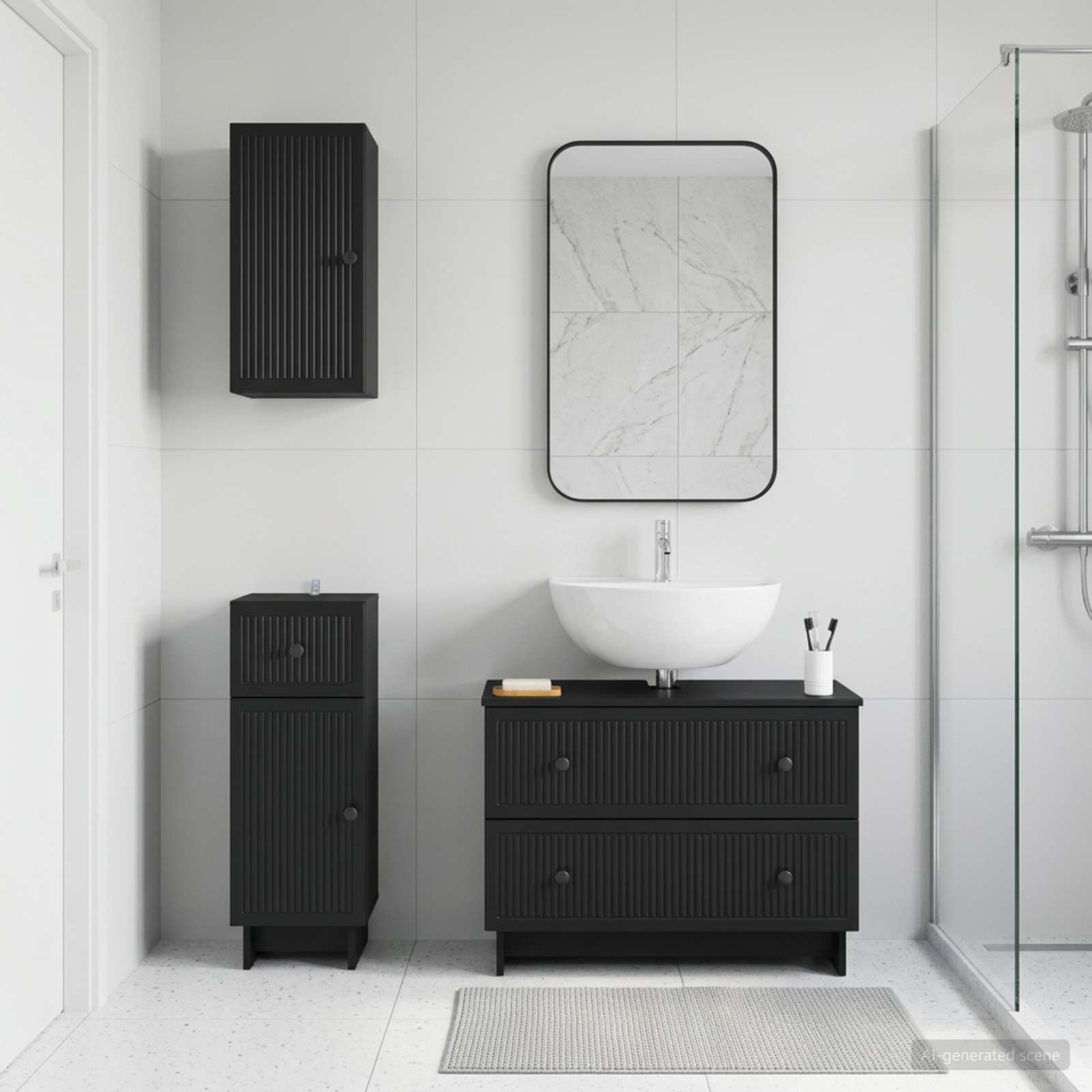 3-teiliges Badezimmer-Schranksystem EDE Schwarz Holzwerkstoff