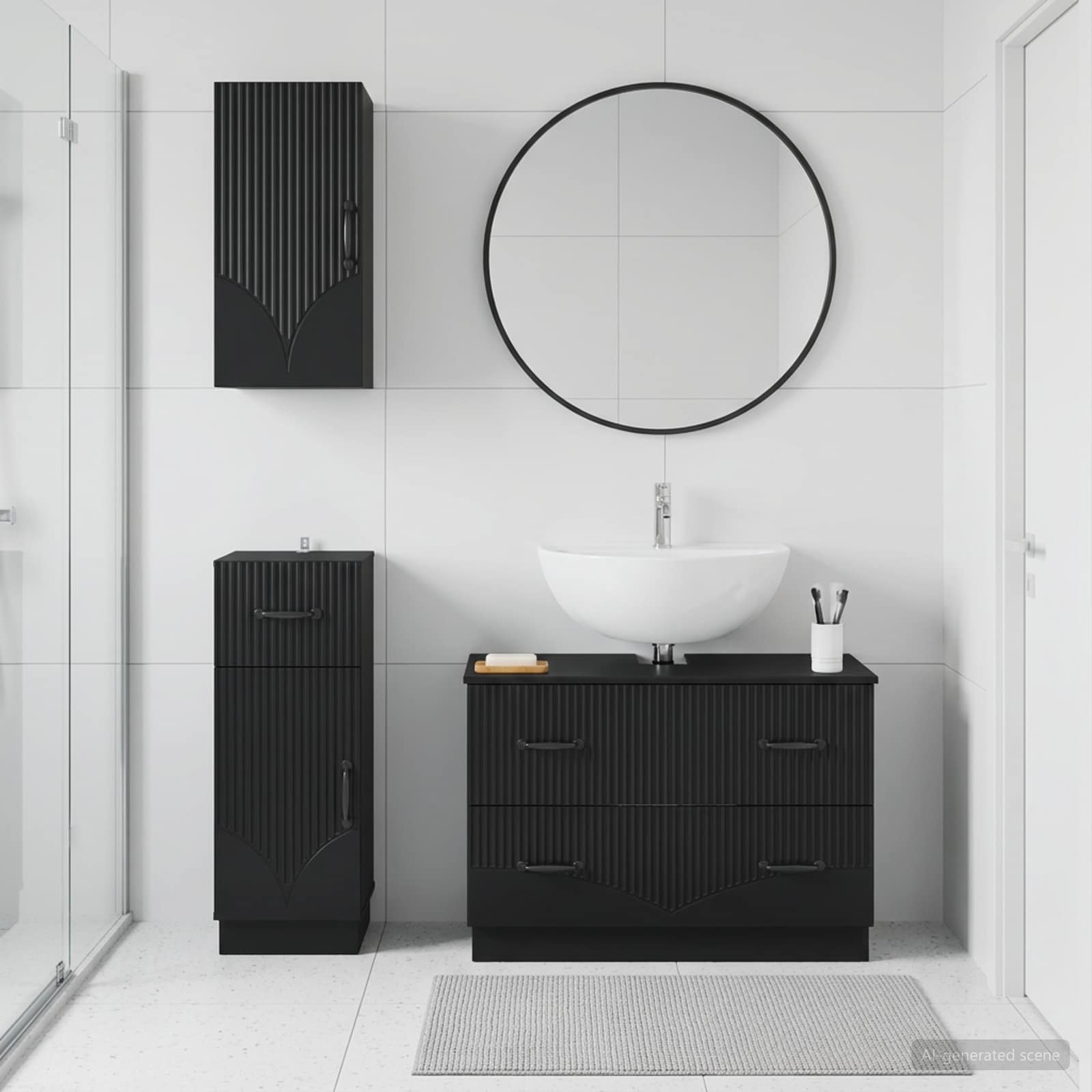 3-teiliges Badezimmer-Schranksystem HOORN Schwarz Holzwerkstoff