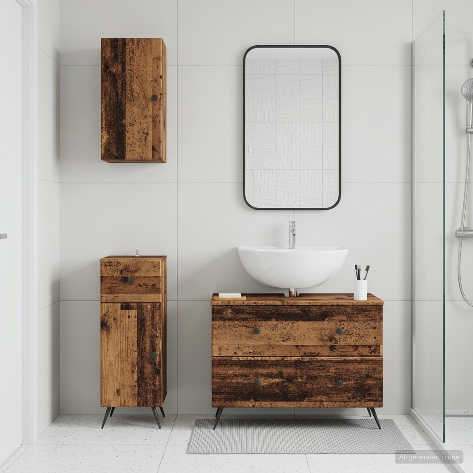3-teiliges Badezimmer-Schranksystem BREDA Altholz Holzwerkstoff