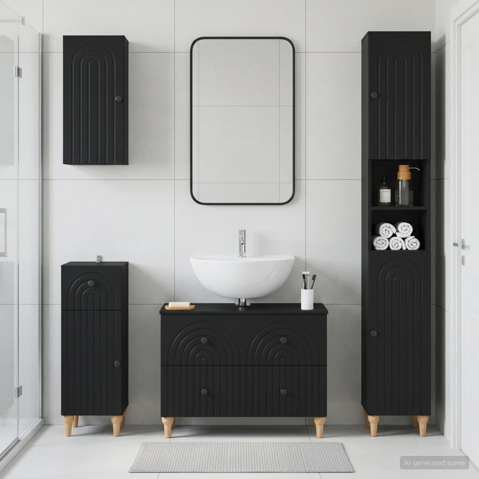 4-teiliges Badezimmer-Schrank-Set ALKMAAR Schwarz Holzwerkstoff