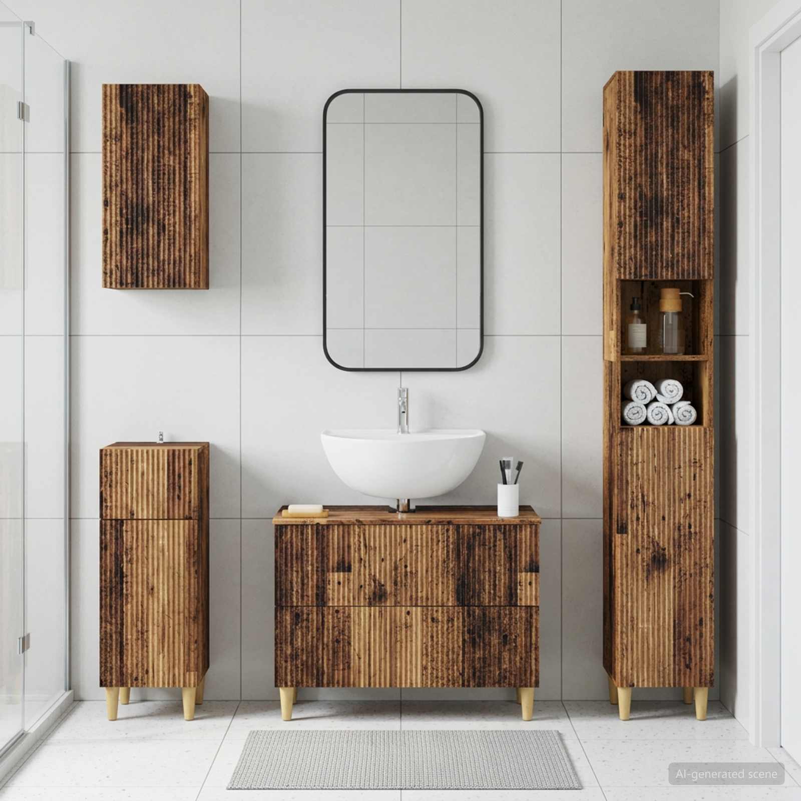 4-teiliges Badezimmer-Schrank-Set ARNHEM Altholz Holzwerkstoff