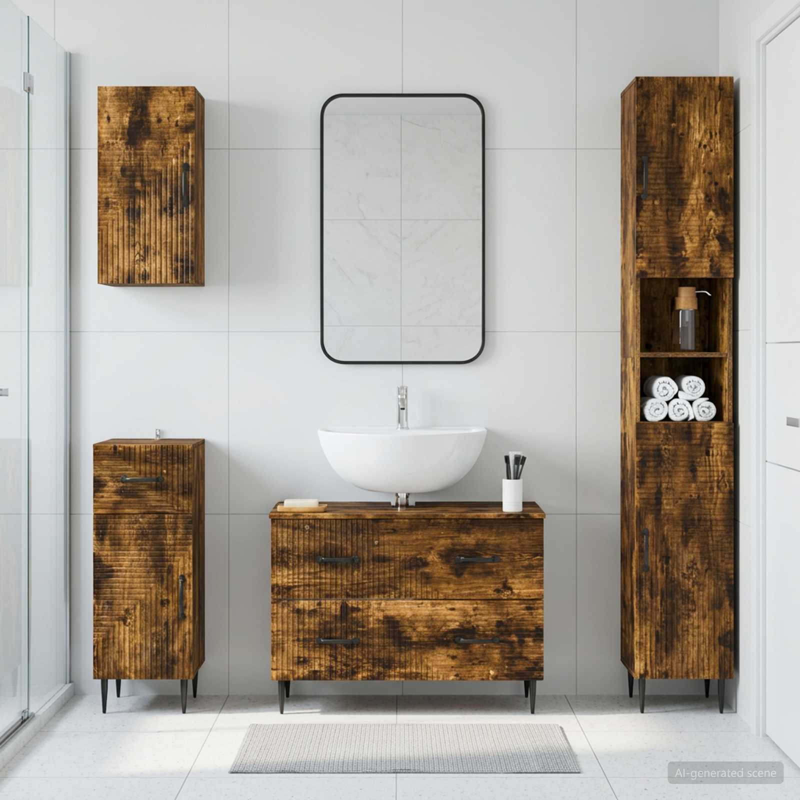 4-teiliges Badezimmer-Schrank-Set HAARLEM Raucheiche