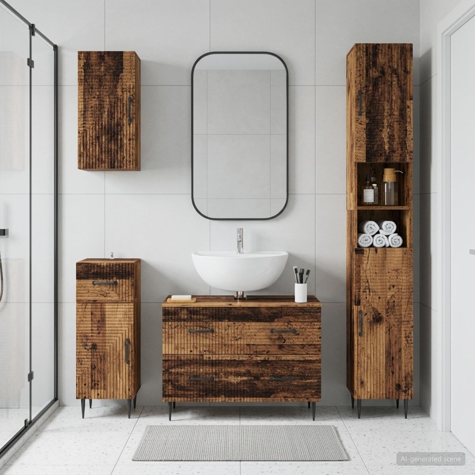 4-teiliges Badezimmer-Schrank-Set HAARLEM Altholz Holzwerkstoff