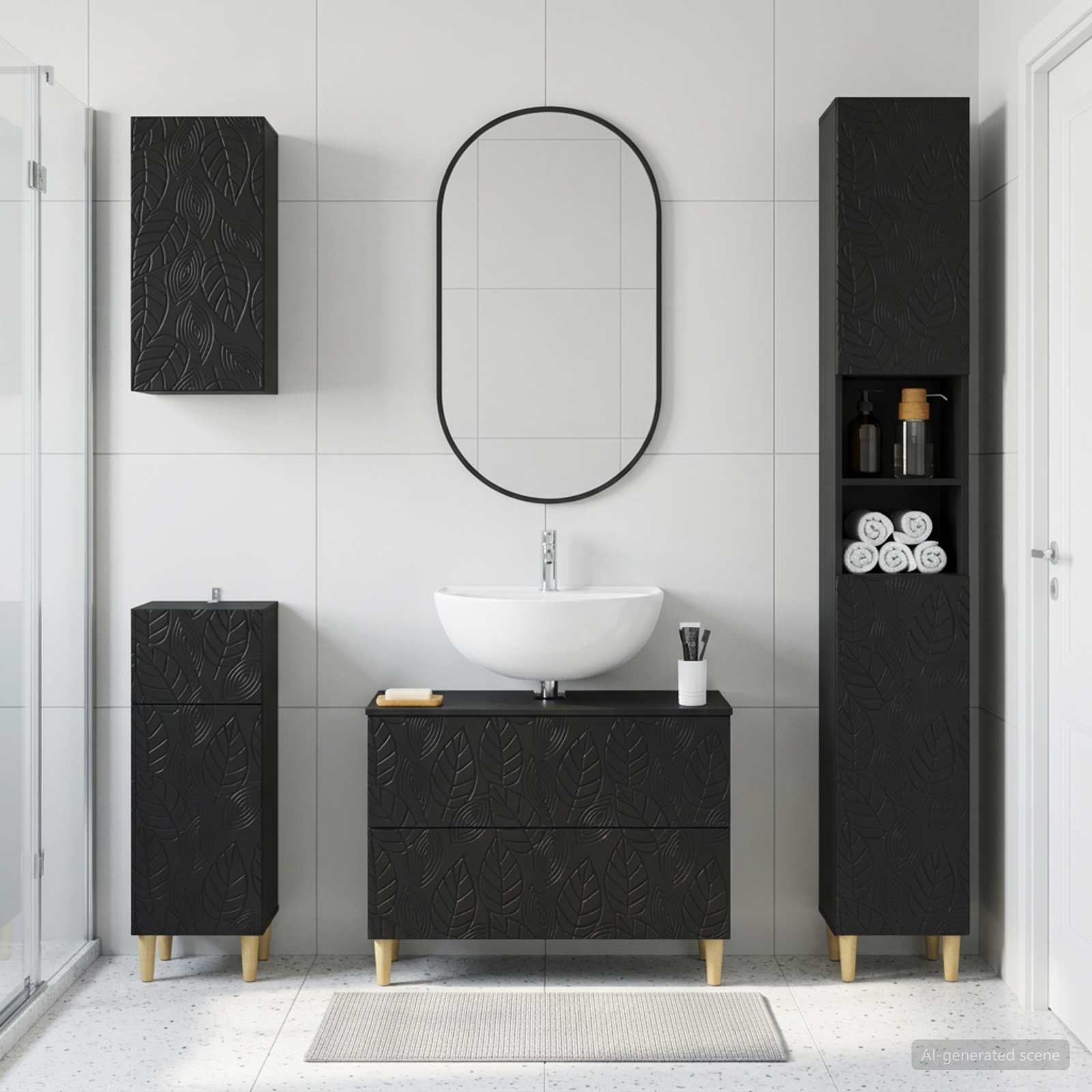 4-teiliges Badezimmer-Schrank-Set DELFT Schwarz Holzwerkstoff