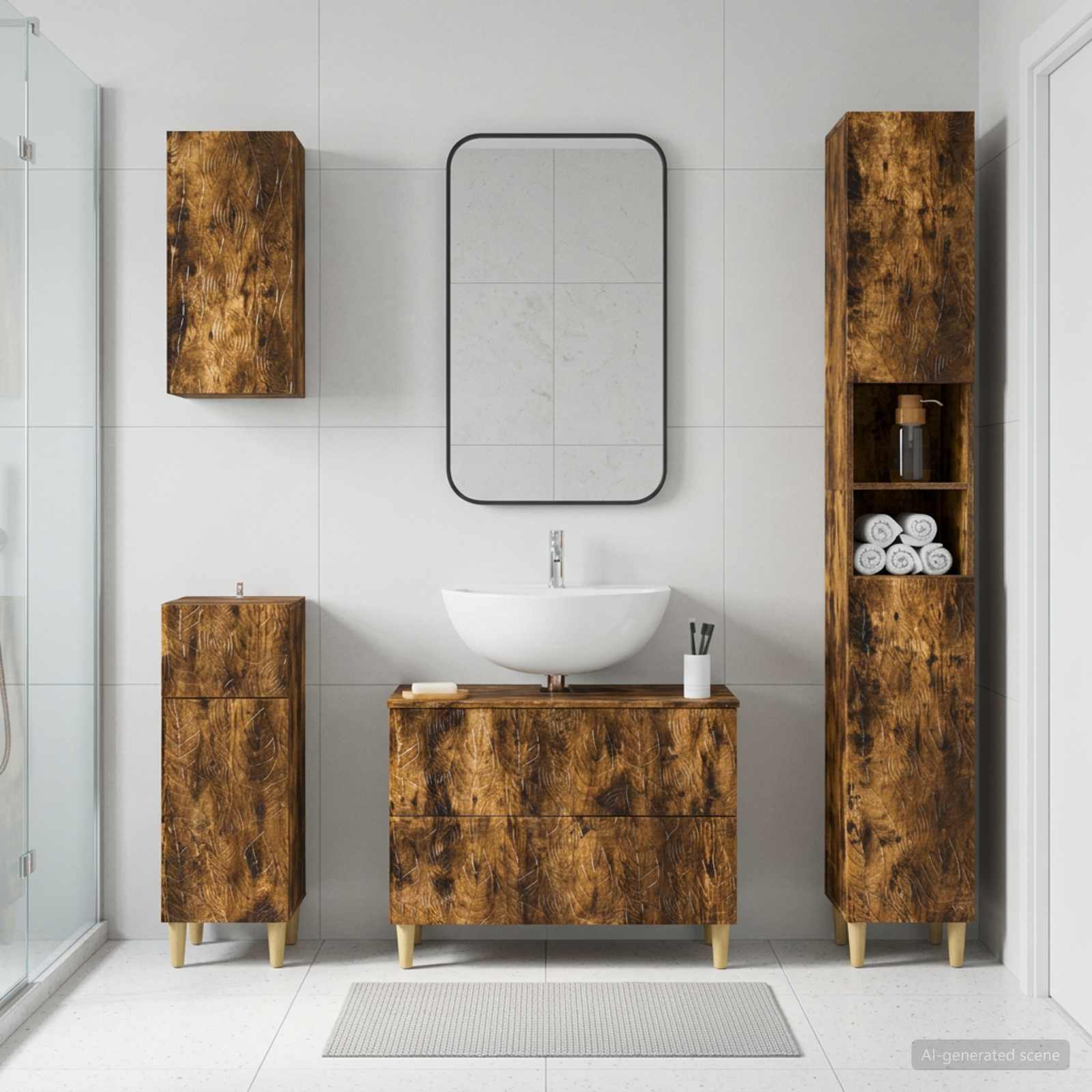 4-teiliges Badezimmer-Schrank-Set DELFT Raucheiche