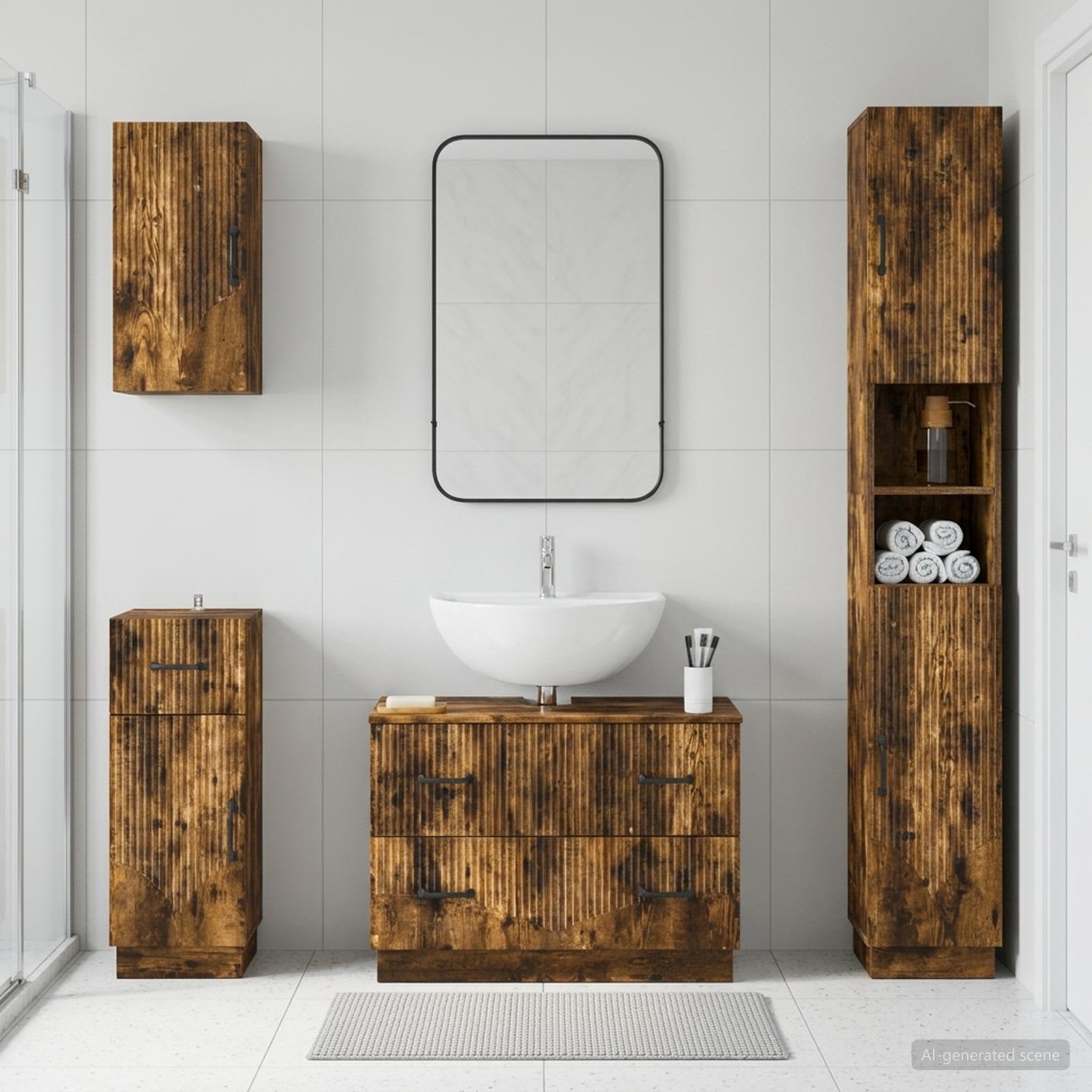 4-teiliges Badezimmer-Schrank-Set HOORN Raucheiche