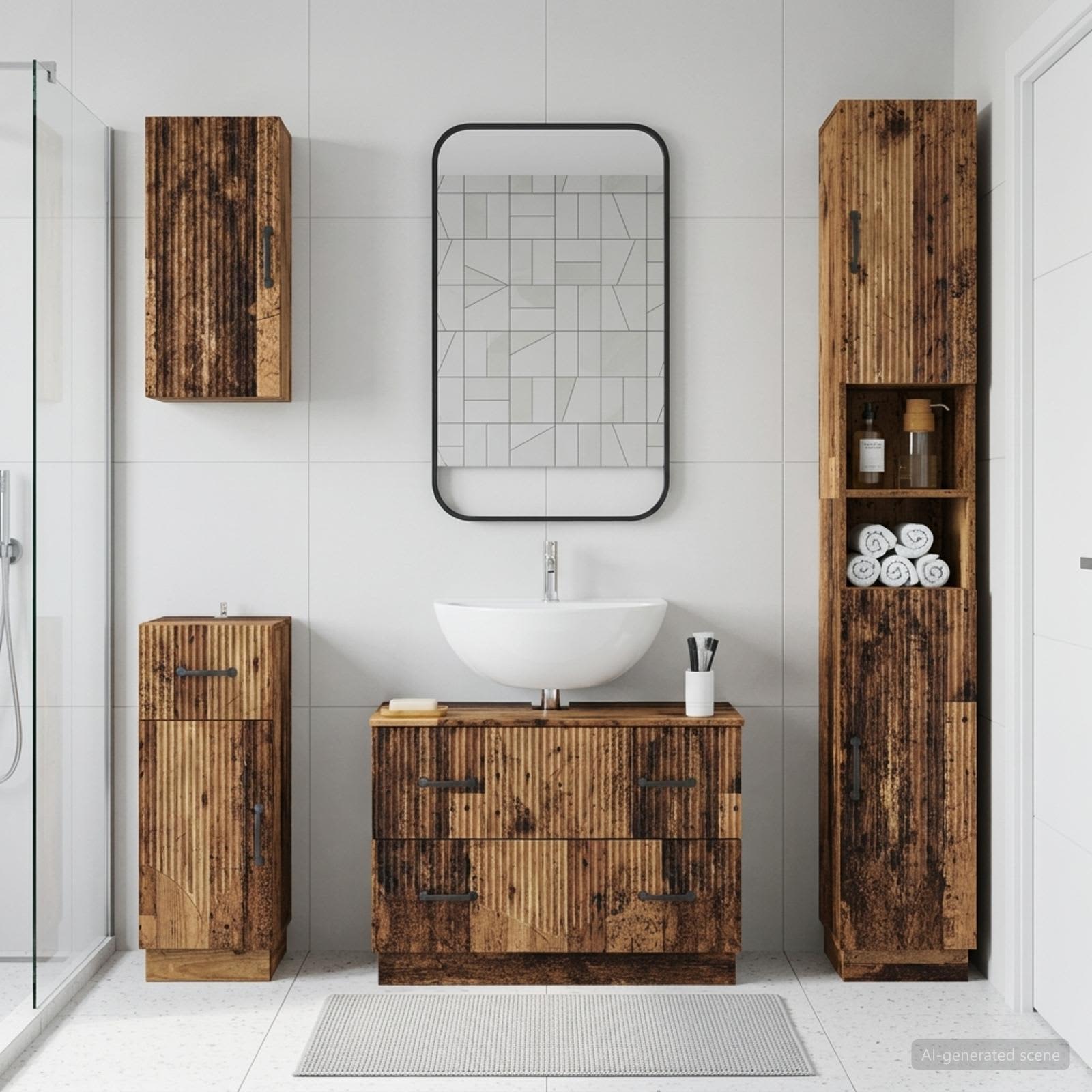 4-teiliges Badezimmer-Schrank-Set HOORN Altholz Holzwerkstoff
